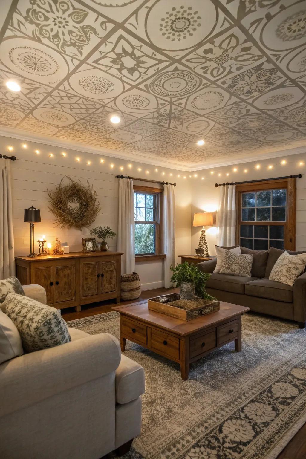 Patterned artistry injects artistic elegance into this farmhouse living space.