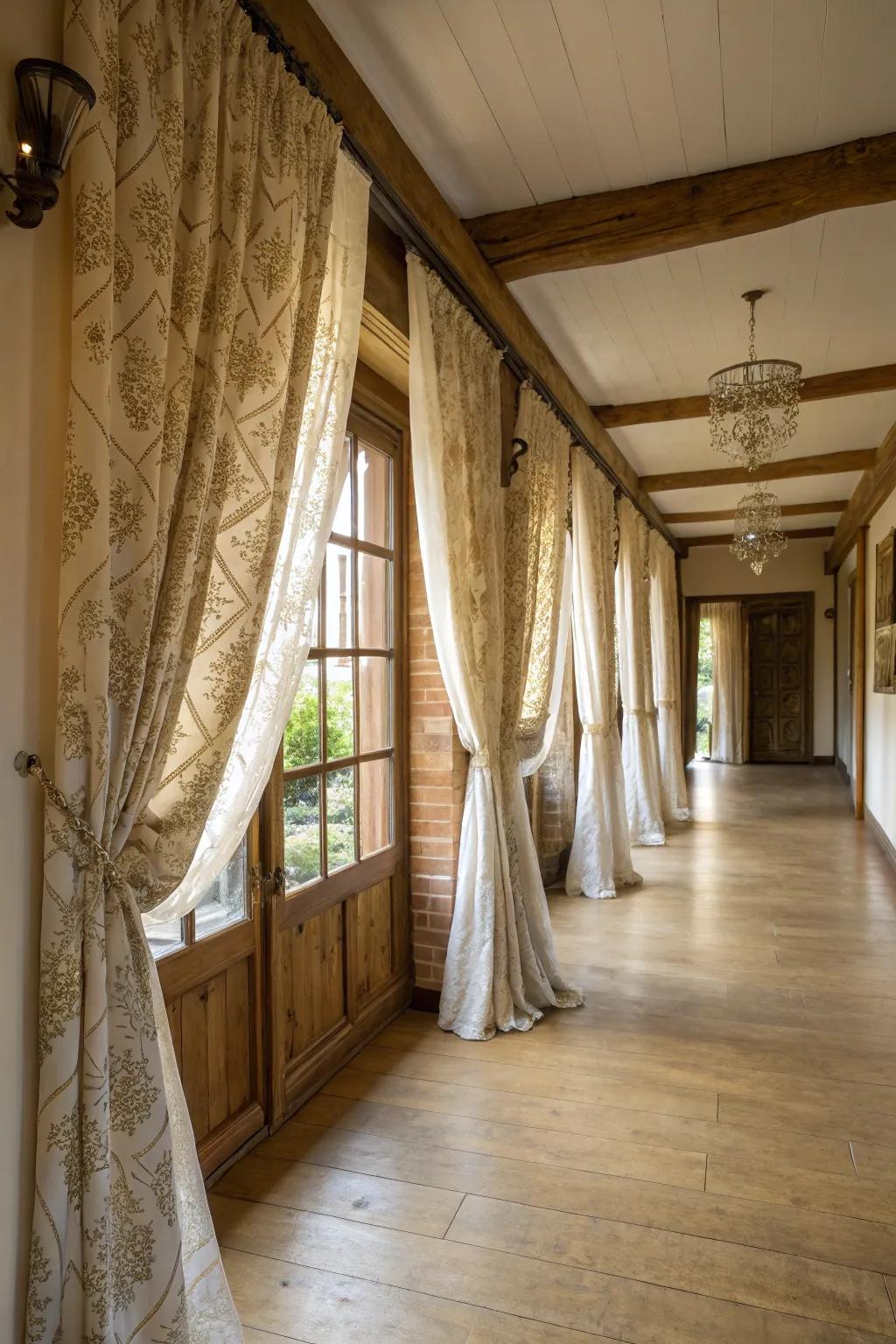 Elegant floor-length curtains adding grandeur to a spacious farmhouse hallway.