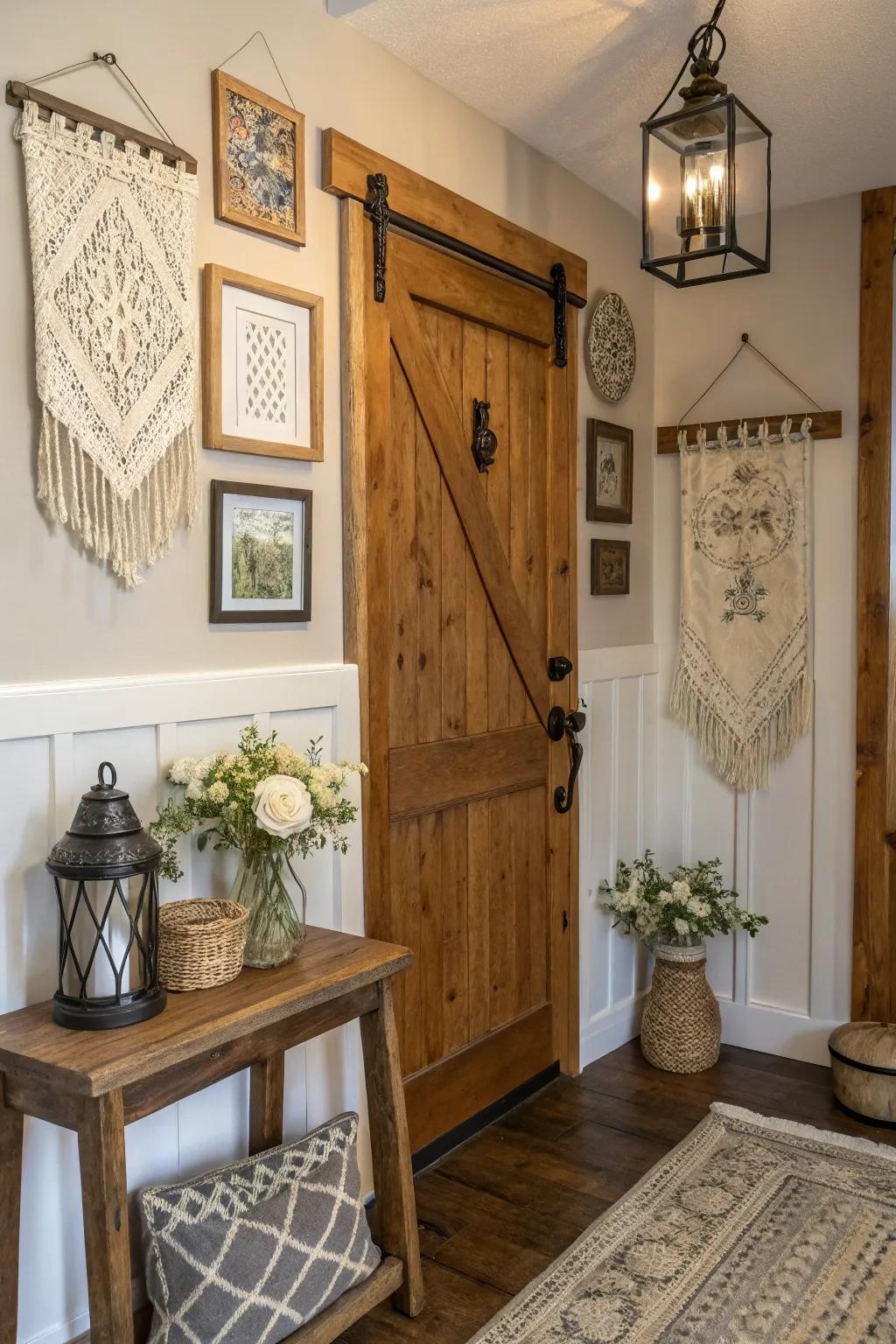 A farmhouse entryway personalized using rustic wall art.