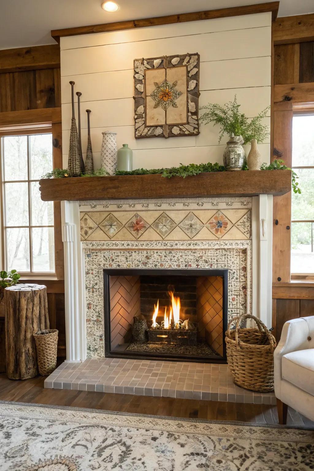 Elegant vitrine mosaic blocks gracing a farmhouse fireplace.