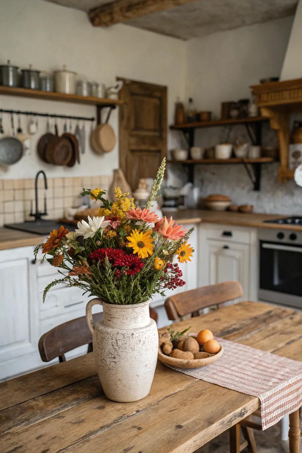 Ceramic vase showcasing seasonal flowers adding a revitalized accent to a farmhouse kitchen.