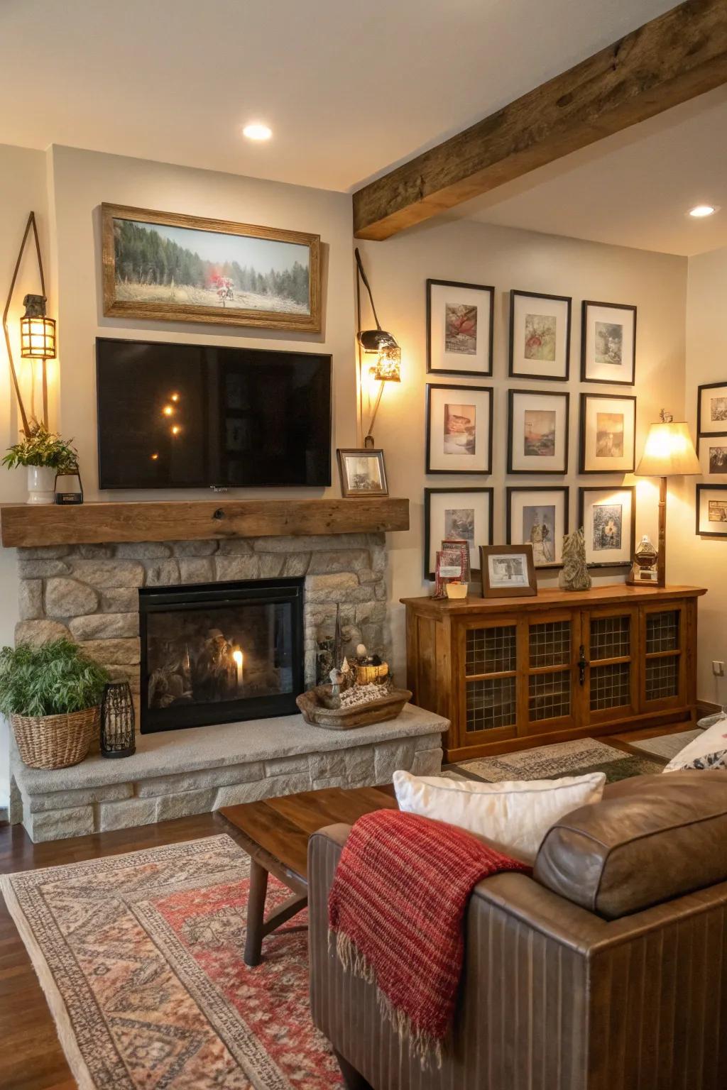 A farmhouse living space with a TV above the mantel, beautifully accentuated by a photo collection.