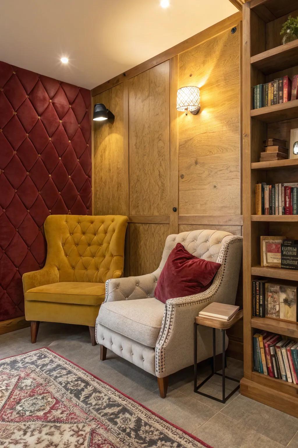 A velvet-covered wall adds warmth and texture to this reading nook.
