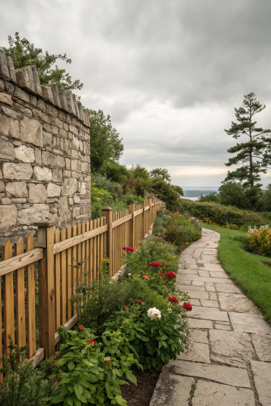 Unite strength and style with stone and wood fencing.