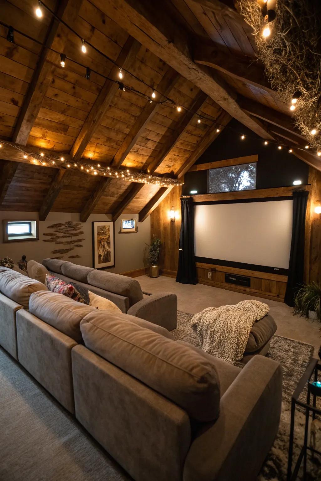 An attic home theater that offers an immersive viewing experience.