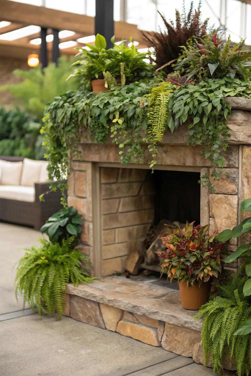 Lush greenery turns the area around the fireplace into a plant paradise.