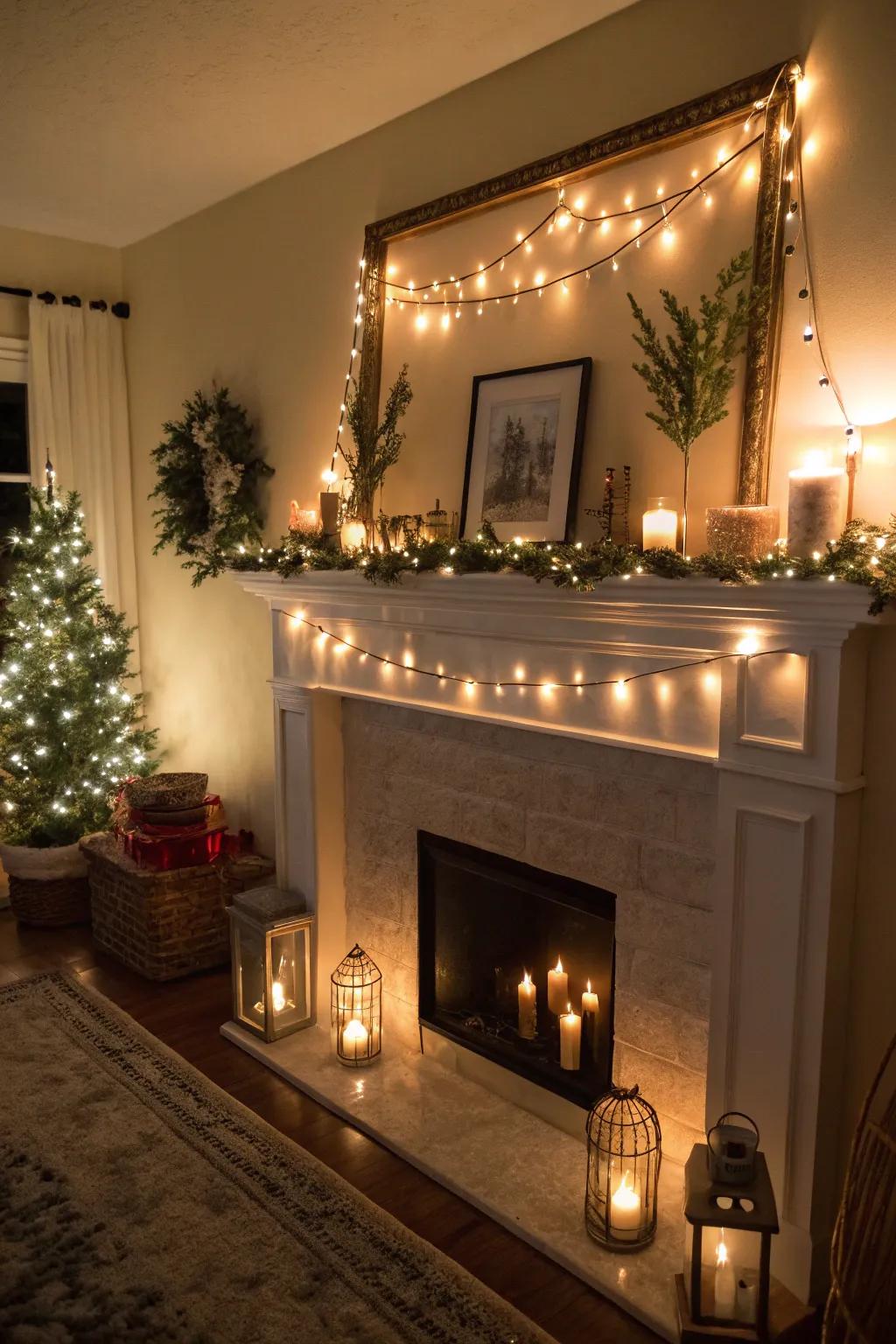 Inviting lighting enhancing the mantel's ambiance.