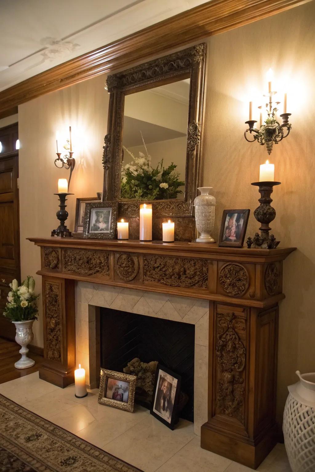 A beautifully lit mantel that brings attention to its decor.