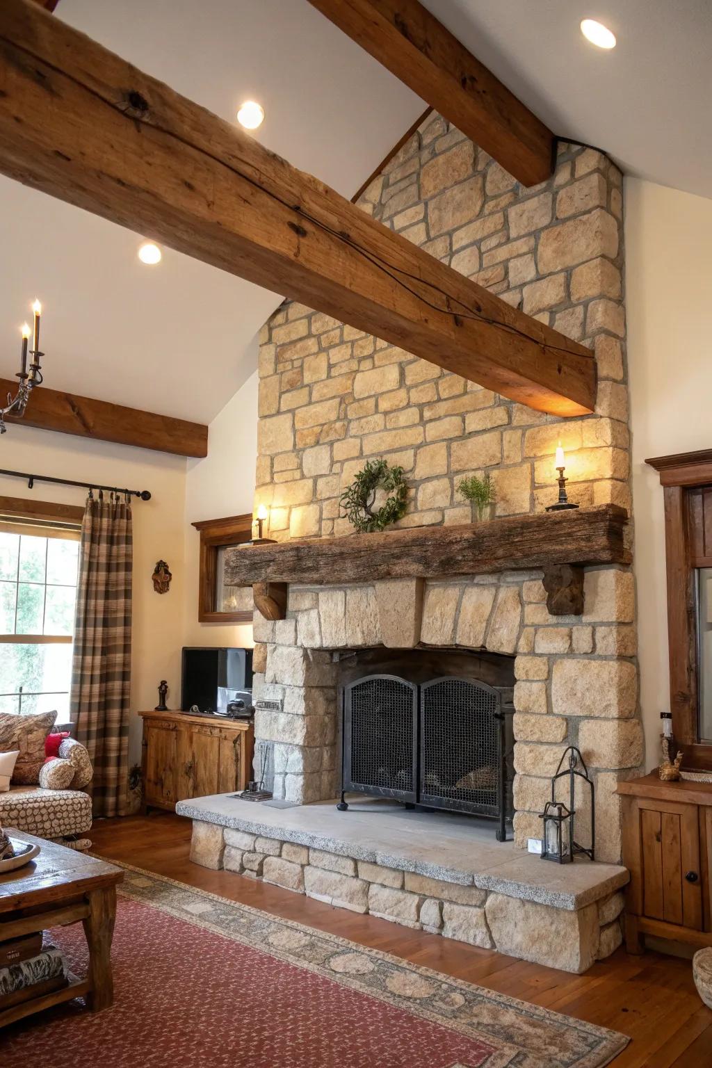 A rough-hewn plank shelf adds warmth and character.