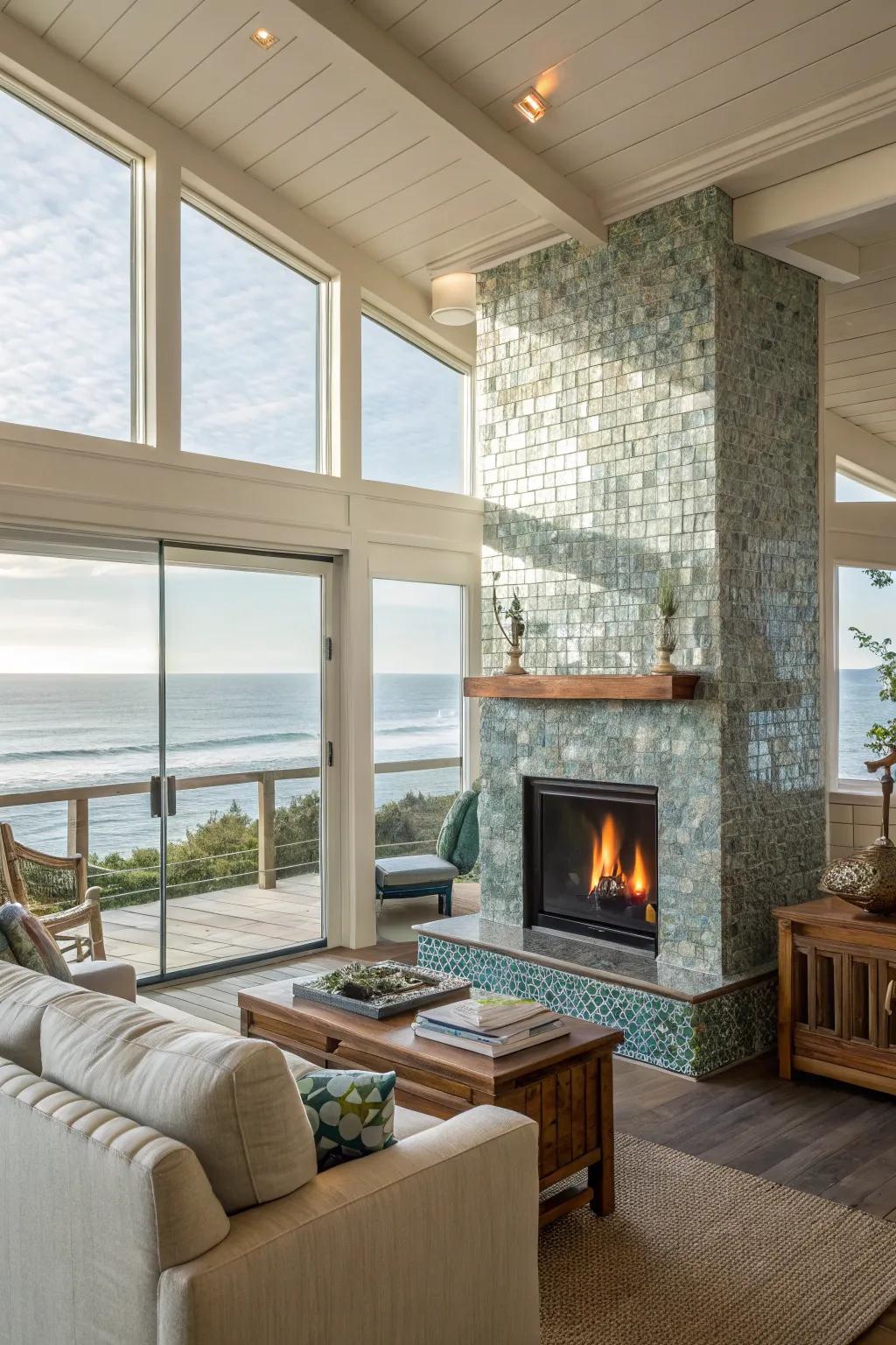 A beachy living room sparkles with glass mosaic tiles around the fireplace, reflecting the light beautifully.