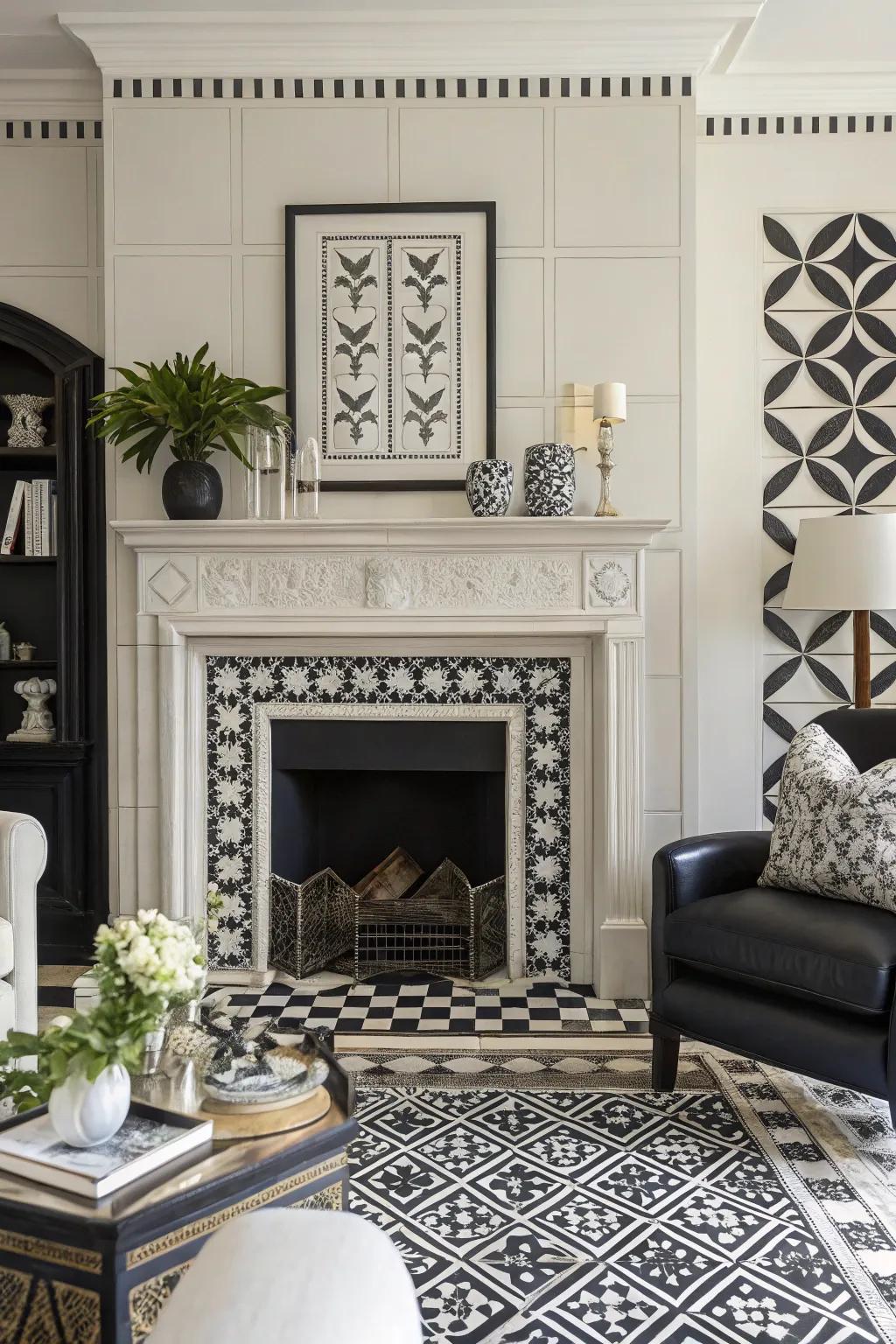 Black and white finishes offer timeless grace for this fireplace.