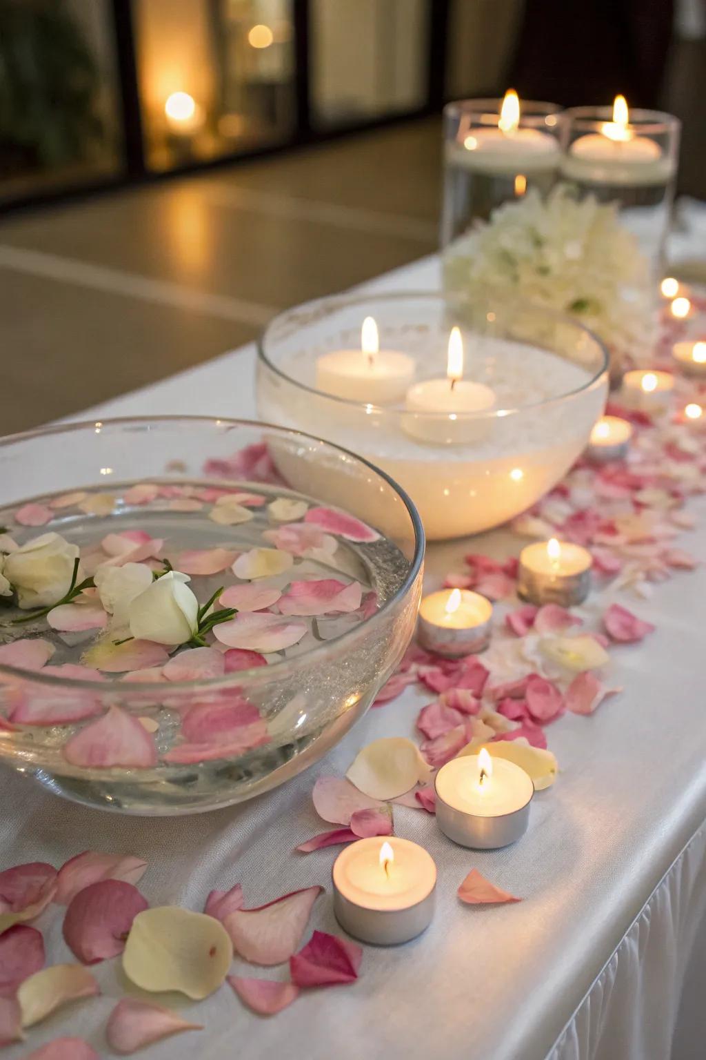 Unique centerpieces featuring floating candles cultivate a serene and elegant ambiance.