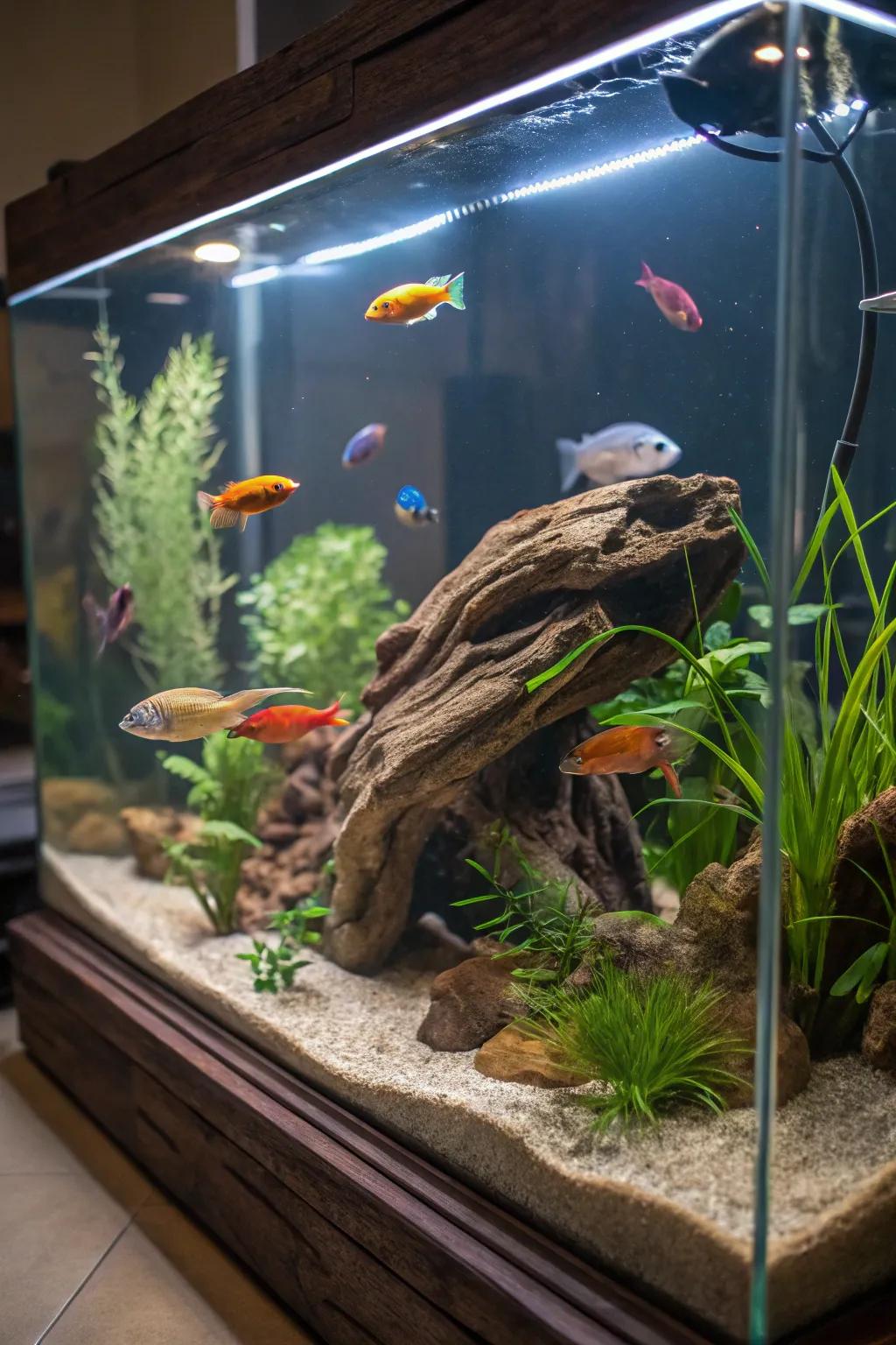 An aquarium featuring raw timber components