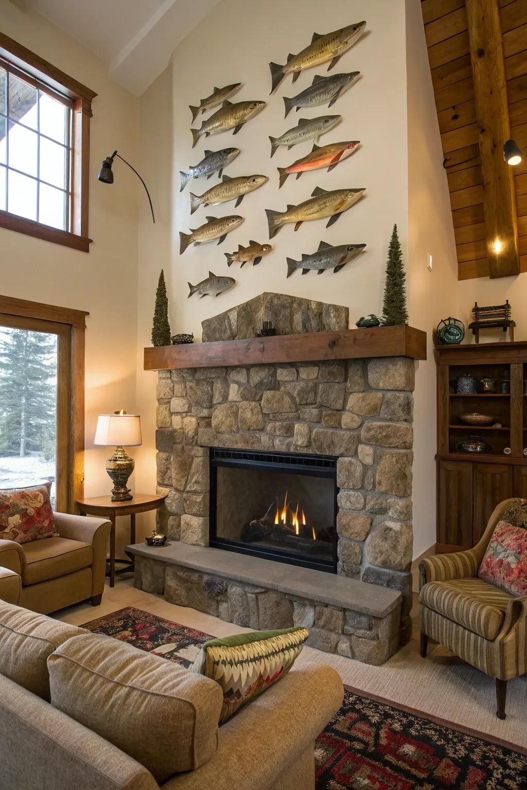 Fish decoys add an artistic flair.