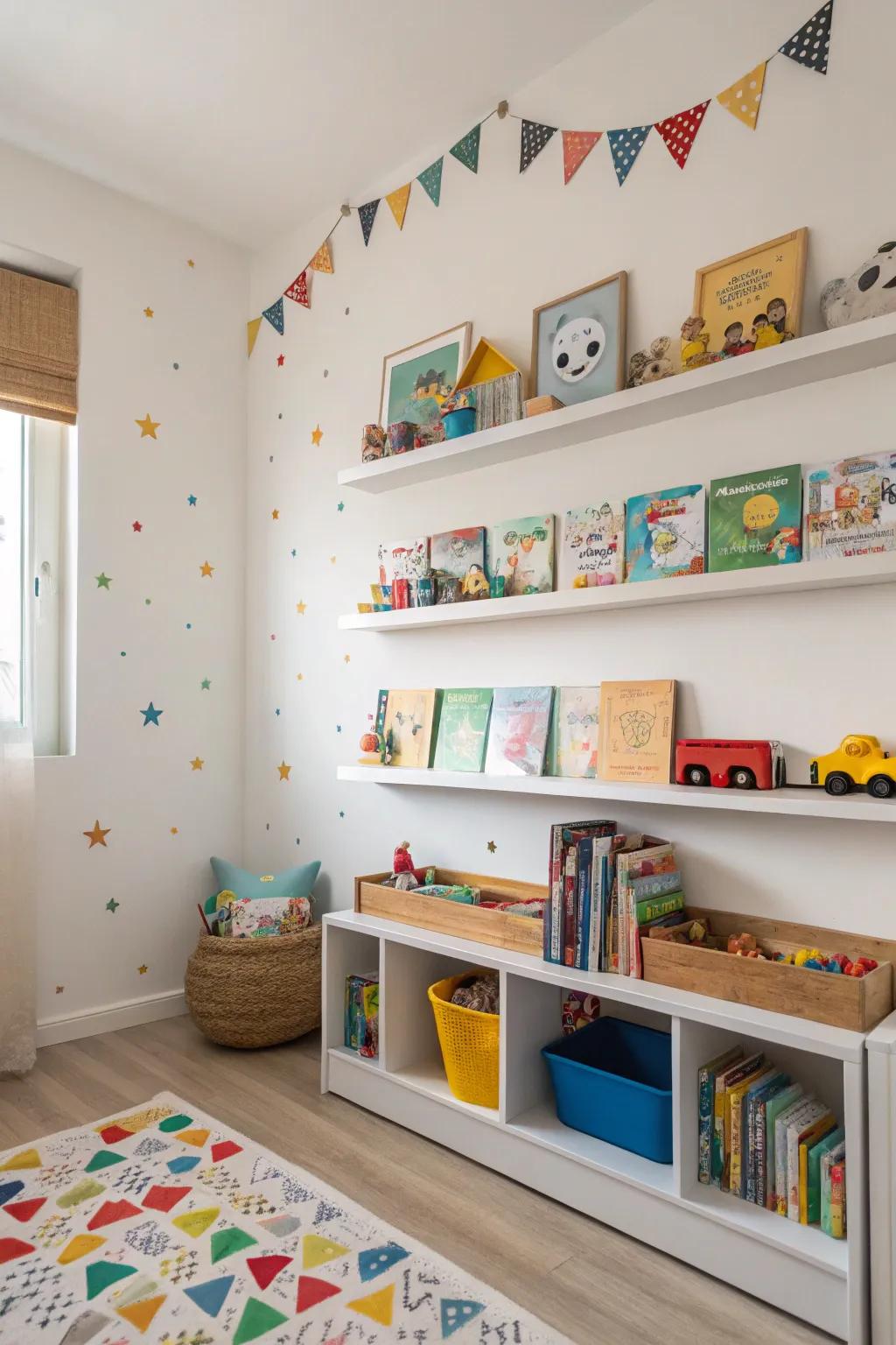 Floating shelves for playful organization in a kids' room.