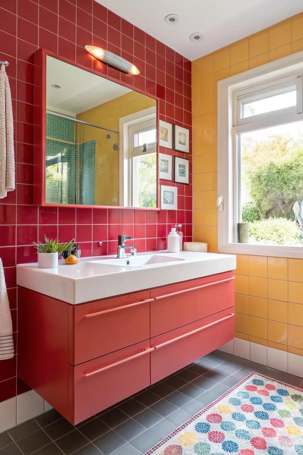 A bathroom with a floating vanity in a bold color for a vibrant and lively look.