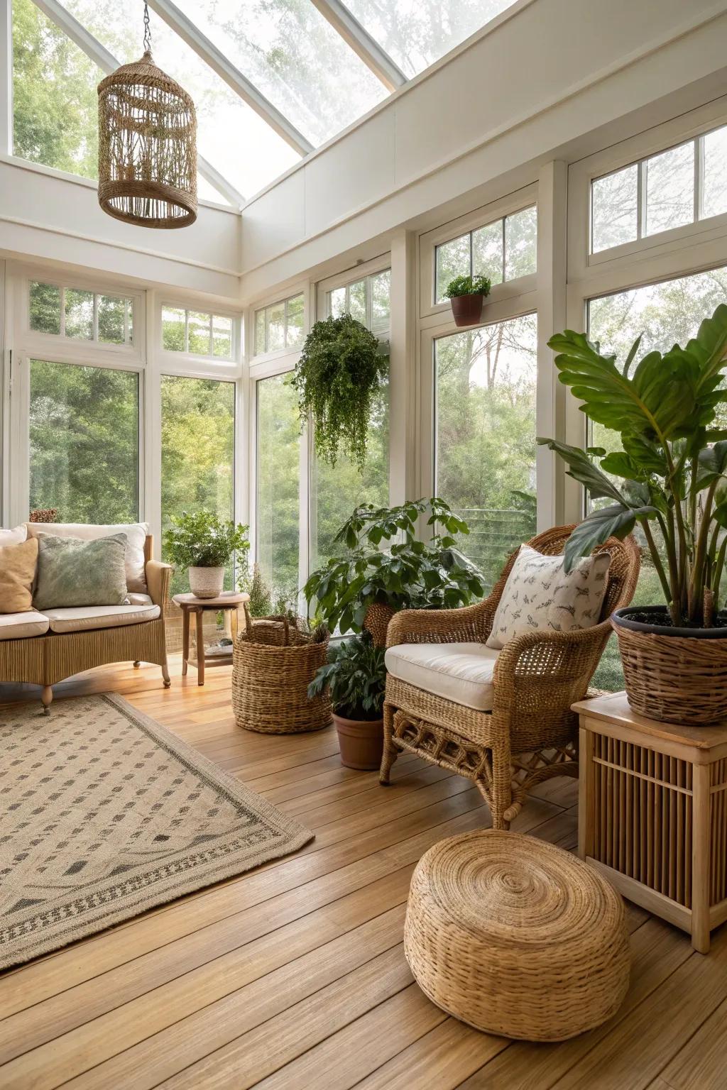 Harmonious sunroom showcasing bamboo flooring.