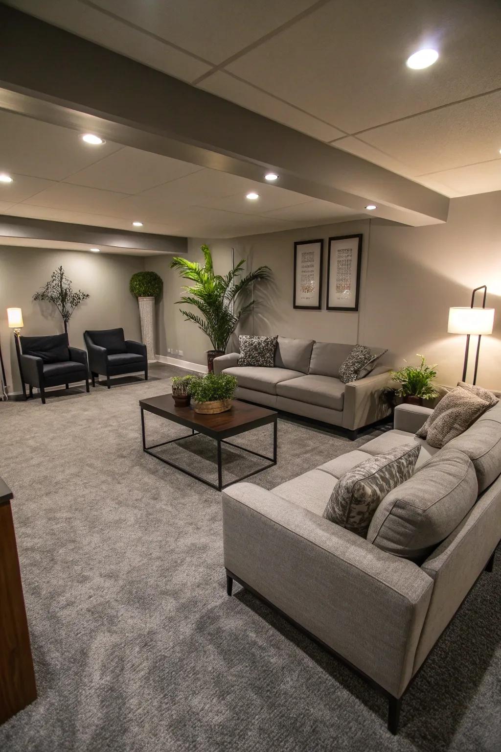 Gray floor covering adds up-to-date comfort and style.