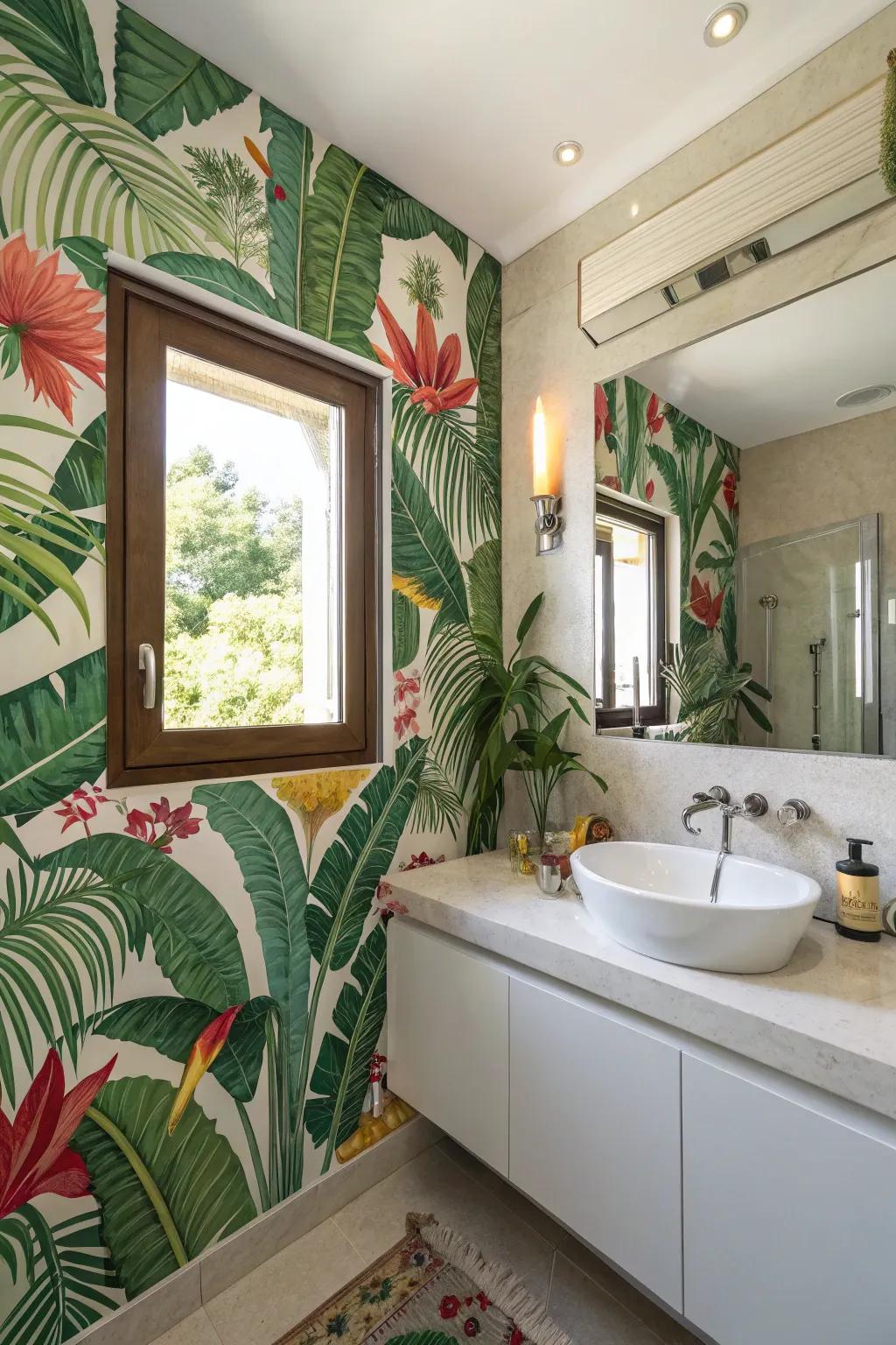 Tropical wall coverings transform the area to a vibrant paradise.