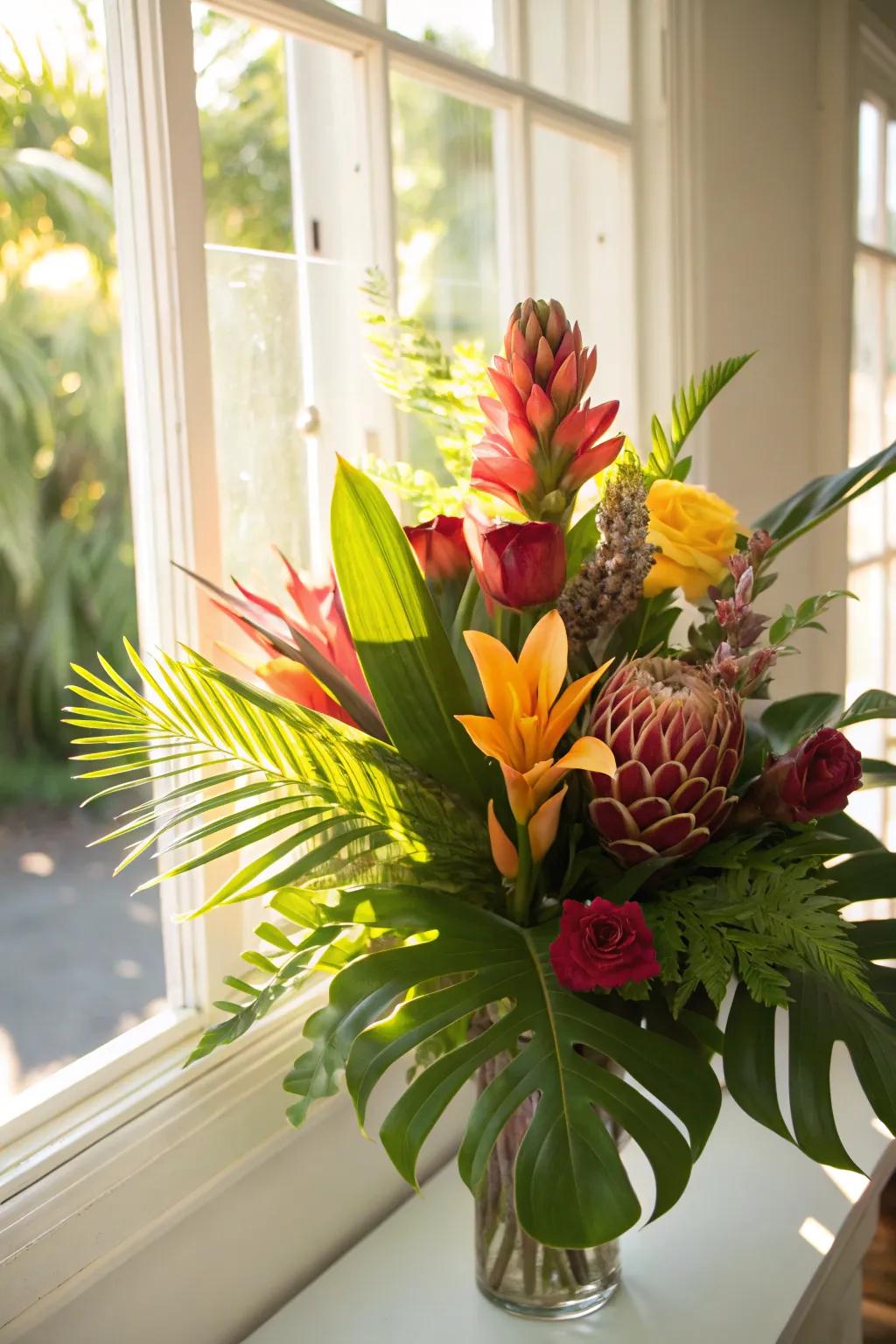 A tropical island bouquet bringing warmth and vibrancy to a birthday.