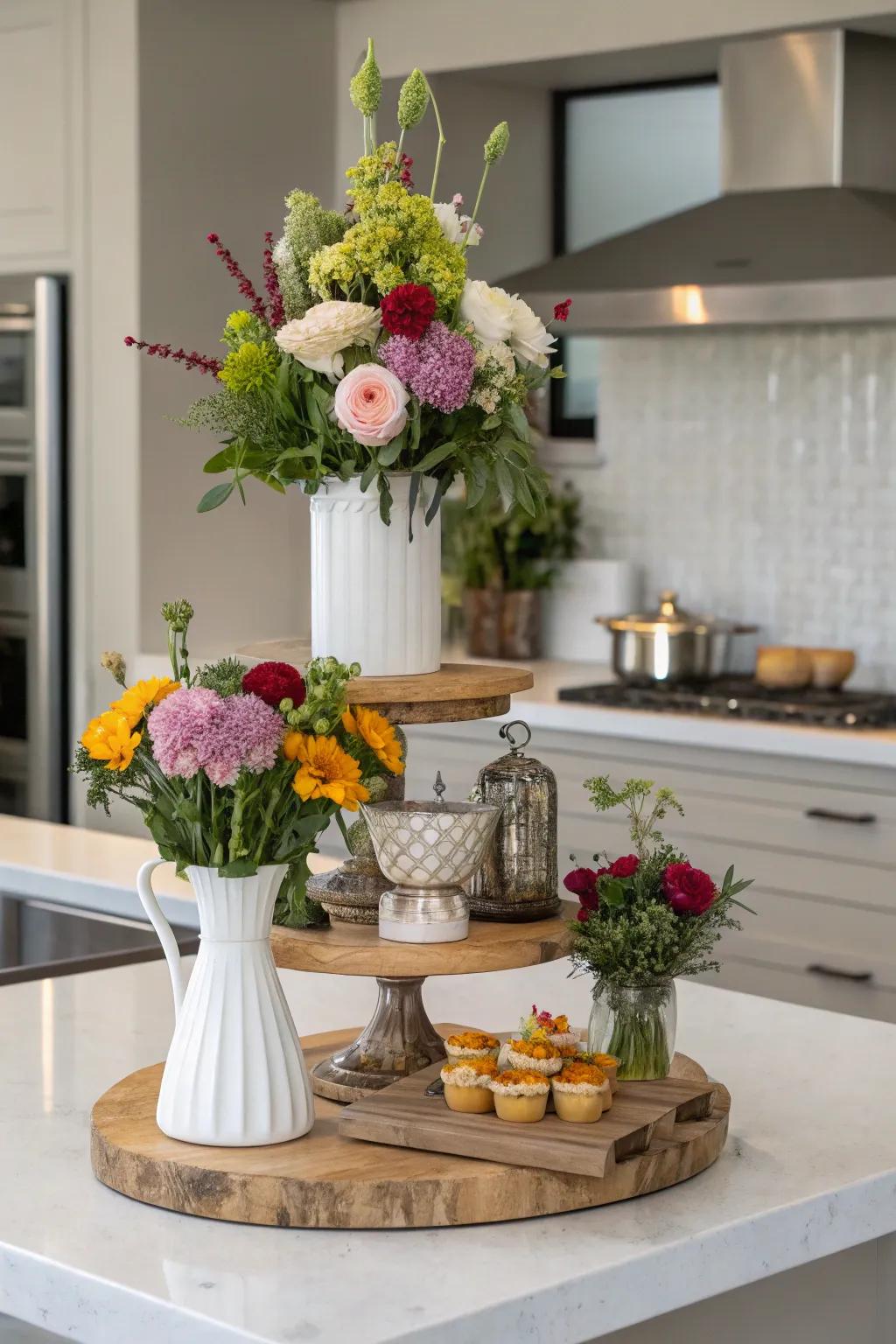 Incorporate altitude and intrigue with a multi-tiered floral display.