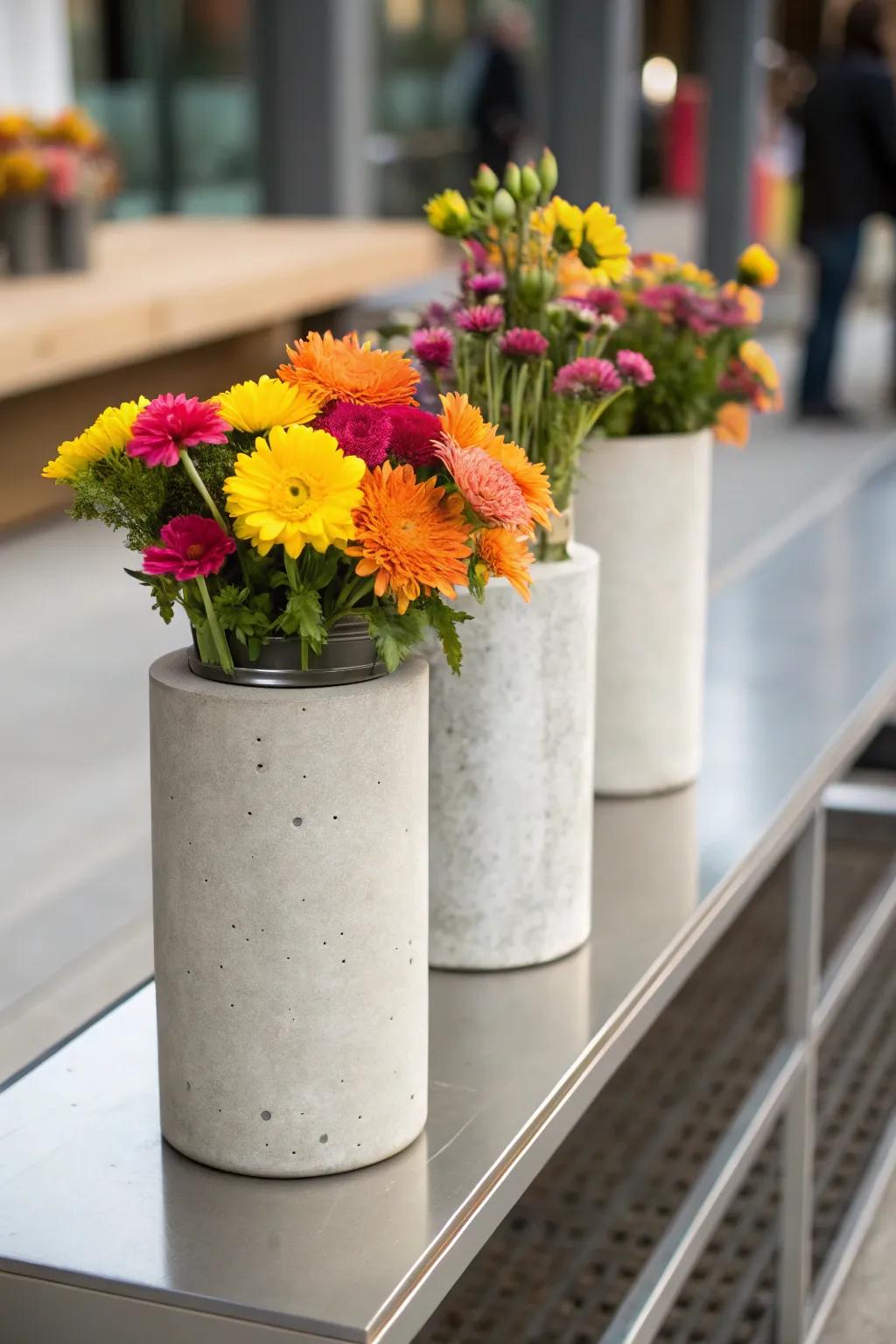 Modern meets rustic with concrete cylinder vases.
