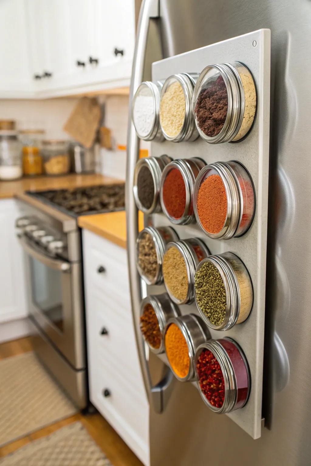 Magnetic spice jars offer handy access and save space.