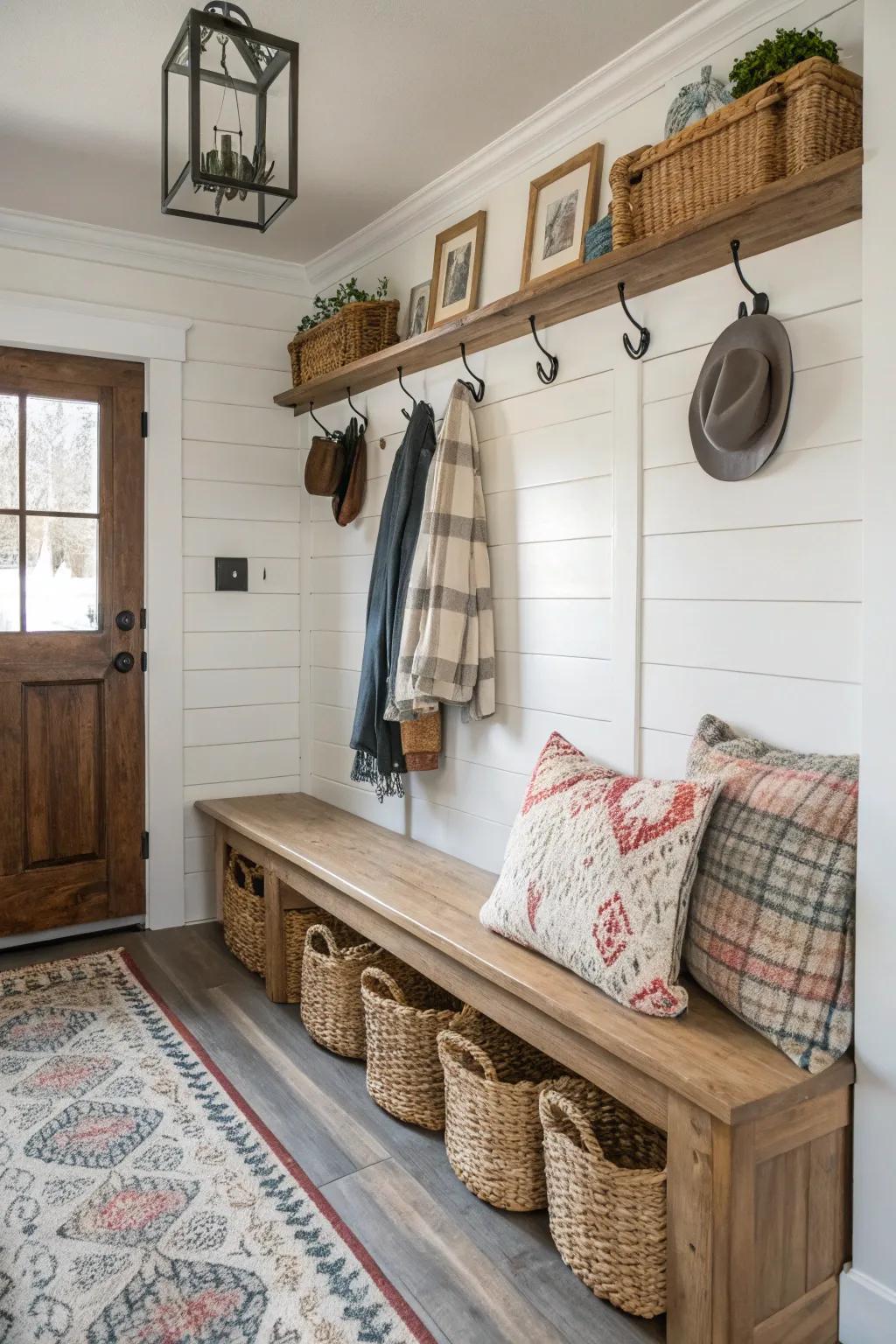 A makeshift entryway employing clever furniture placement.