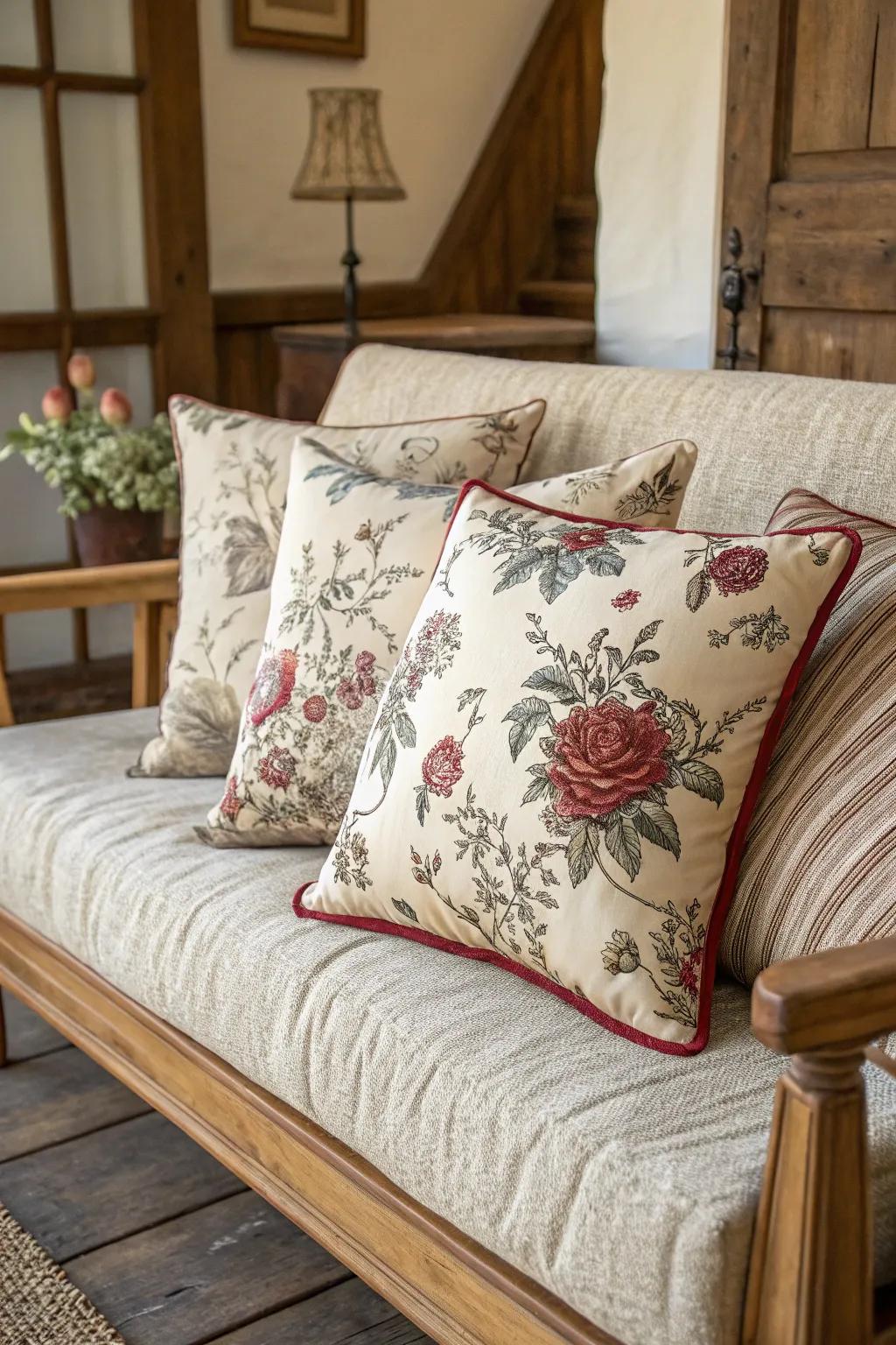 Toile patterned pillows adding a classic French touch.
