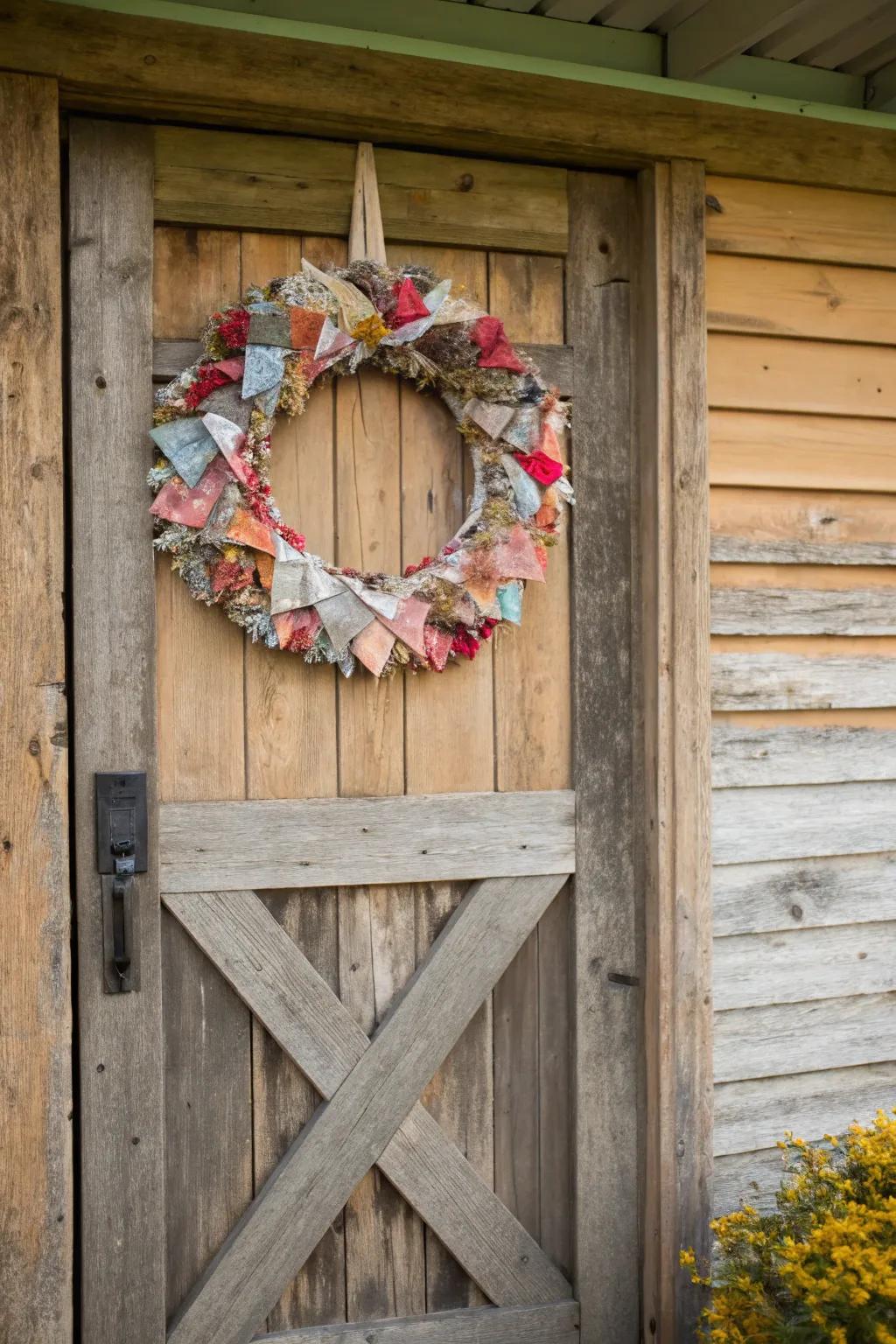 A cozy patchwork wreath from fabric scraps.