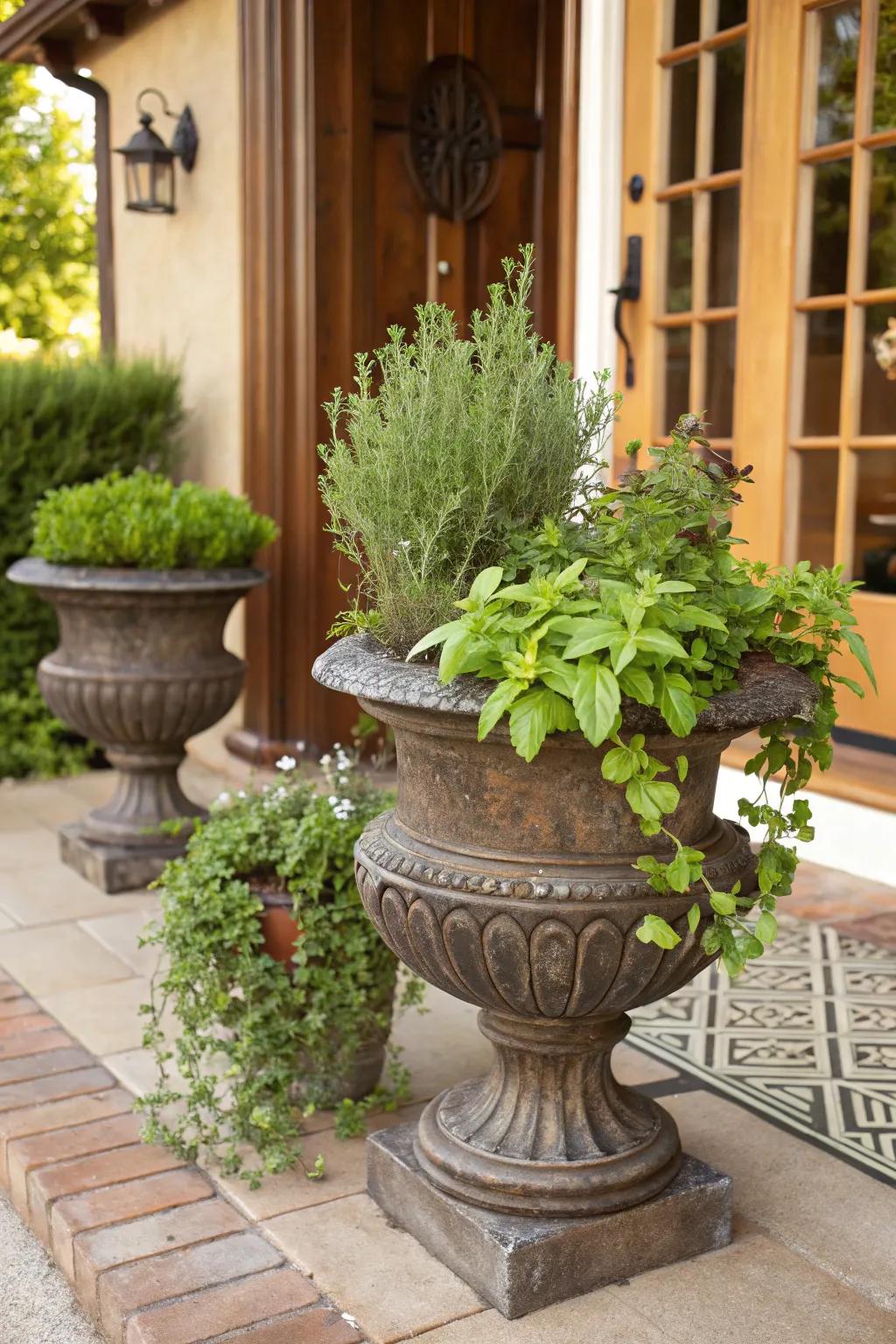 Cultivate fresh herbs at your entrance with a mini herb garden.