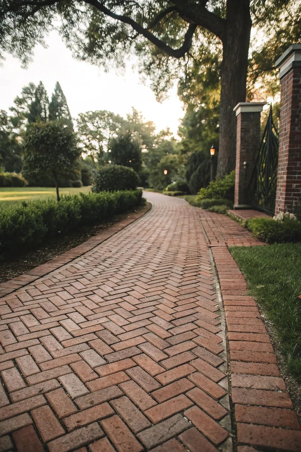 A traditional brick path arranged in a classic herringbone design.