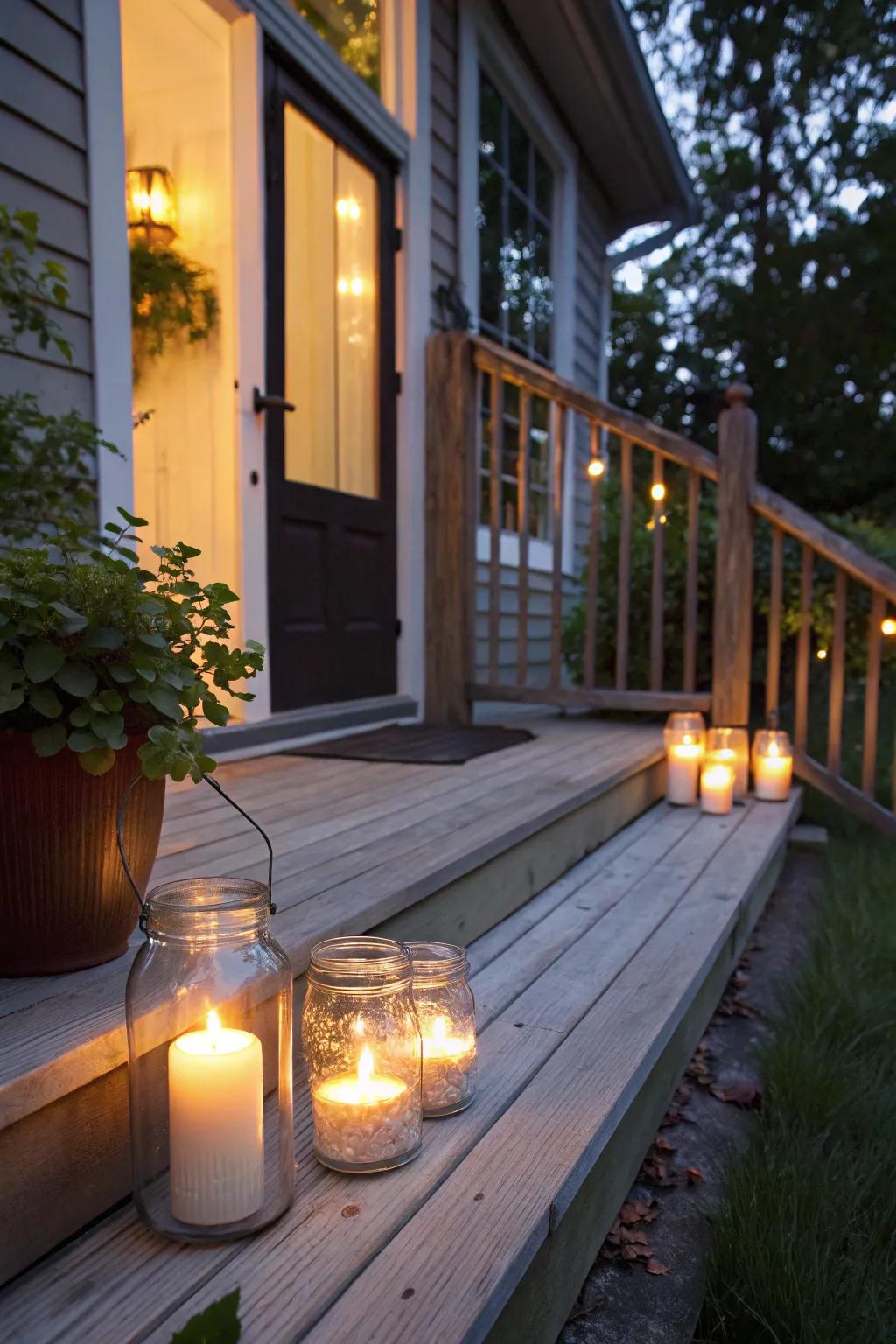 Wax lights in containers fashion a snug, flickering ambiance.