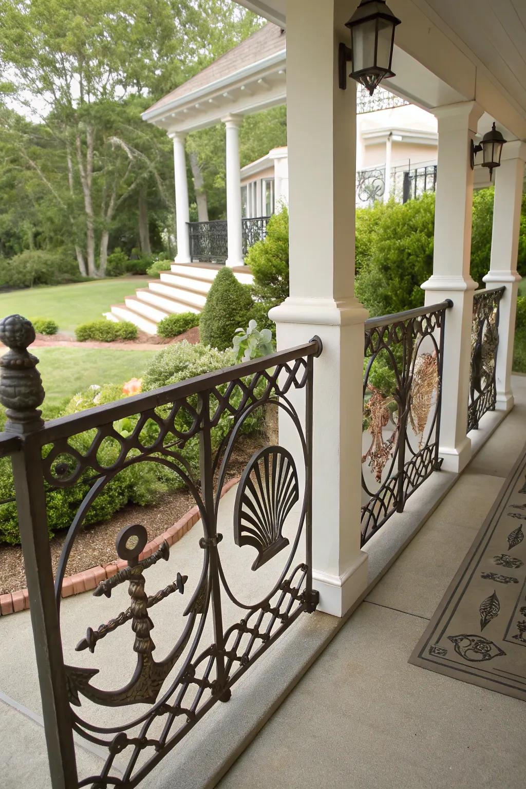 Nautical-themed wrought iron railings for a coastal vibe.