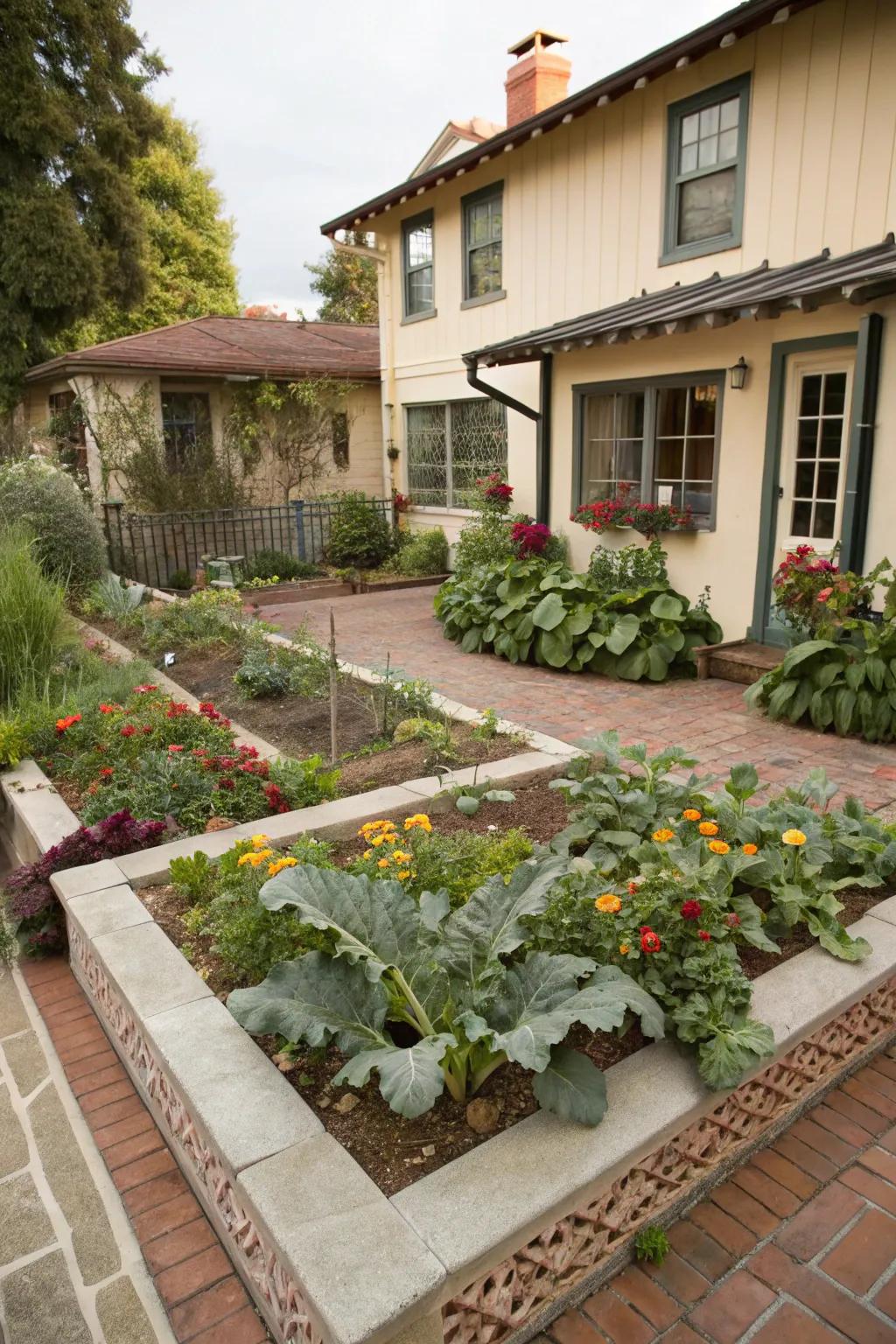 A vegetable patch injects functionality and charm into the courtyard.