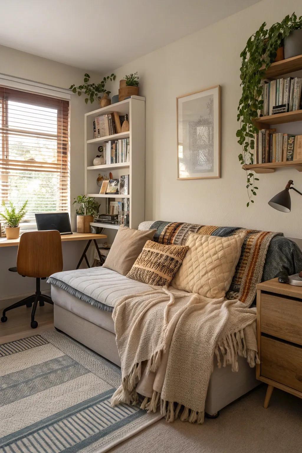 Layered textiles create a warm and inviting office atmosphere.