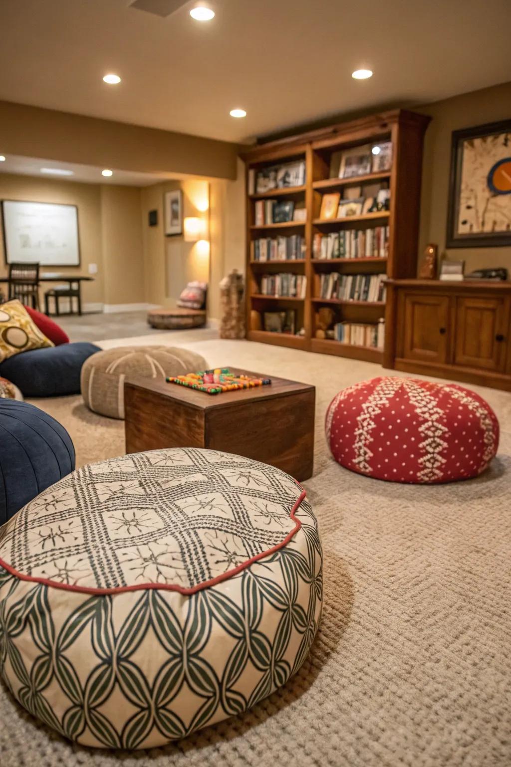Chic ground cushions advocating unceremonious seating geared towards spontaneous gaming episodes.