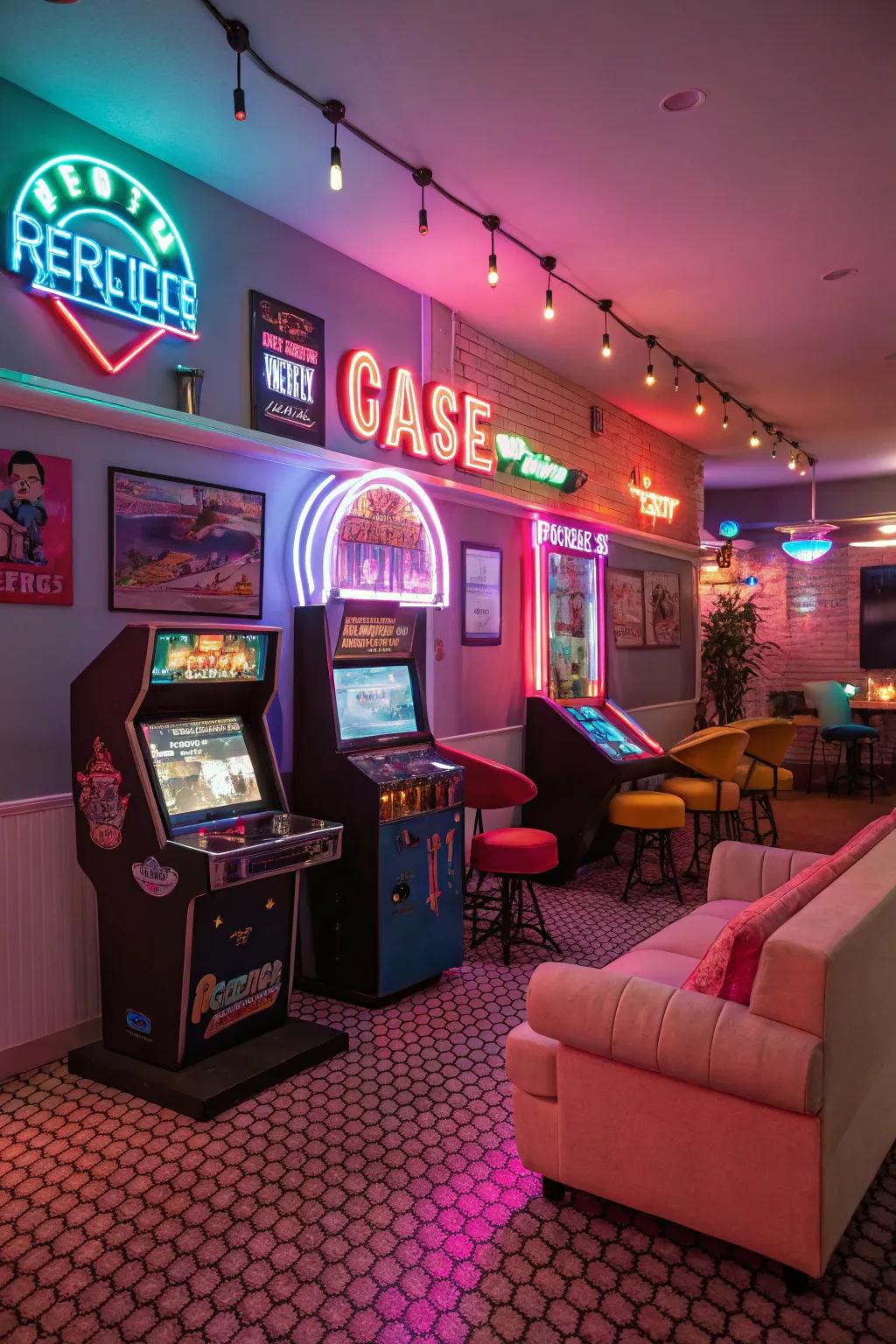 An arcade motif adds a nostalgic ambiance to this pc gaming room.