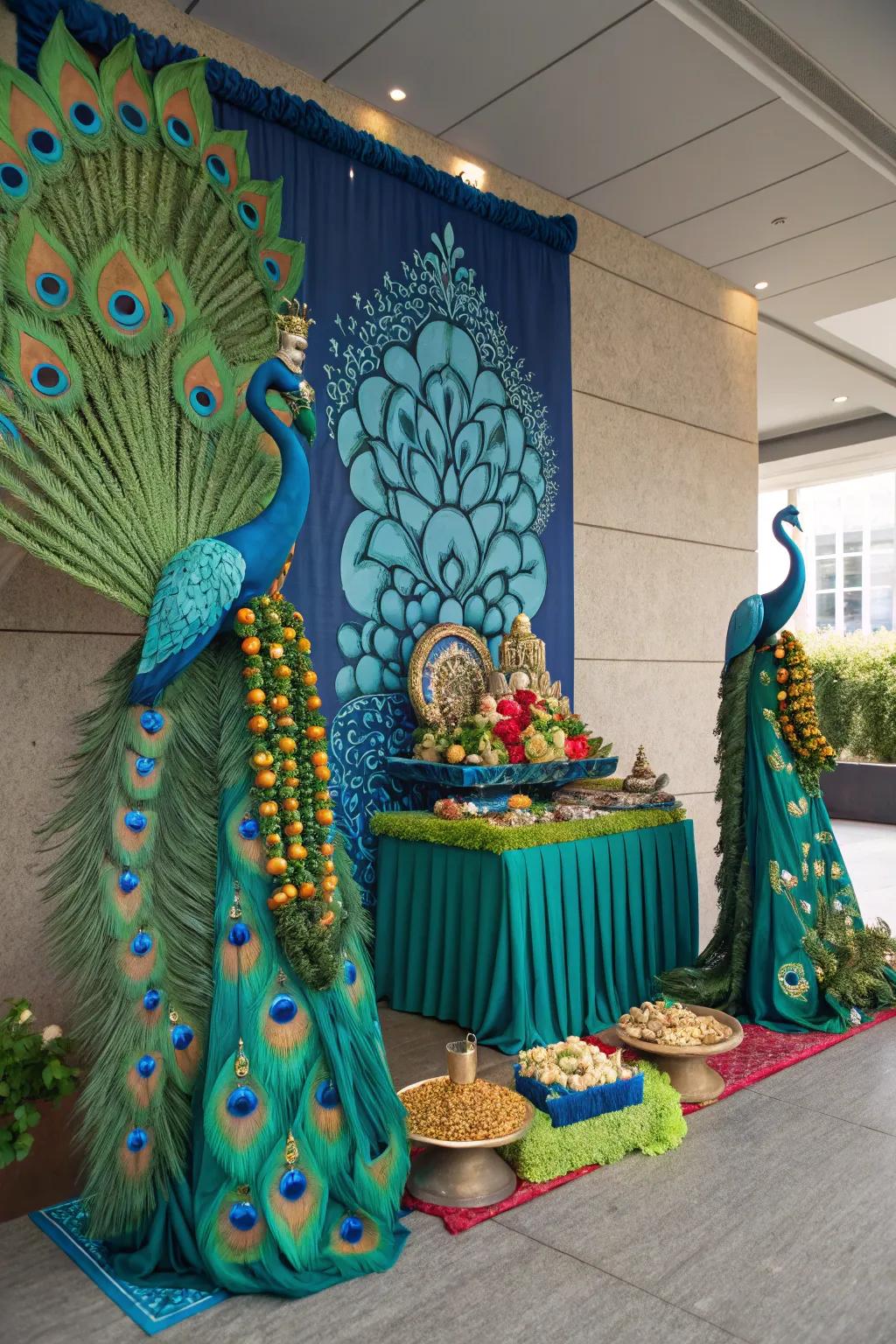 A peacock-themed decor saturated with blue and green hues, crafting a unified and breathtaking arrangement.