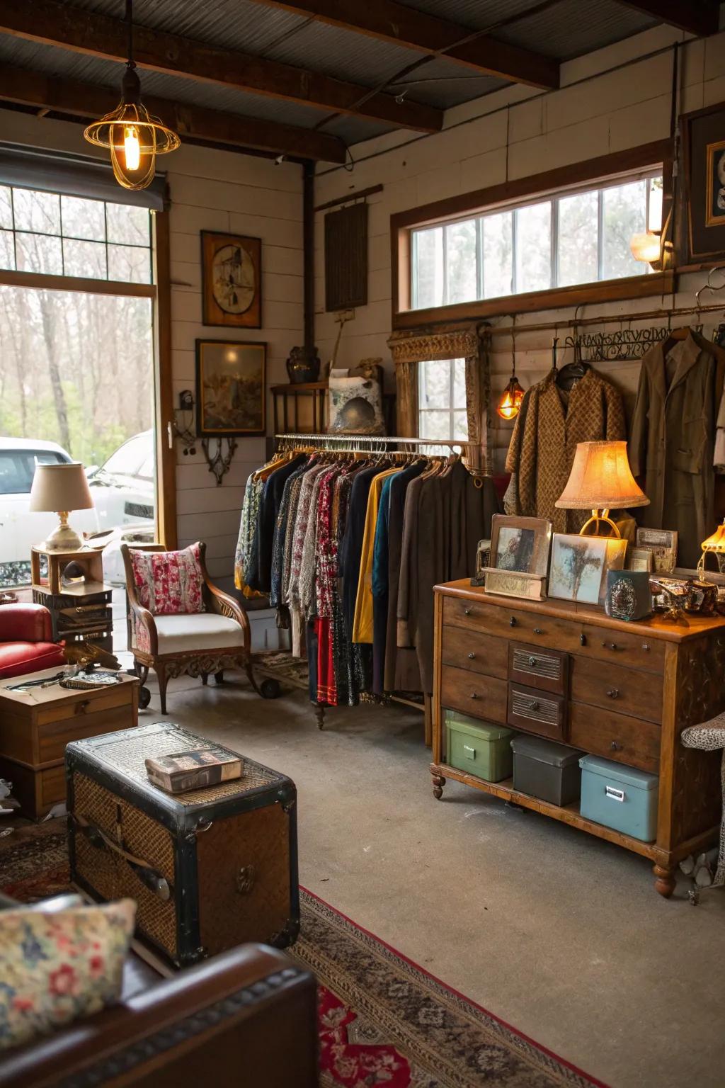 Vintage finds adding charm and nostalgia in a garage shop.