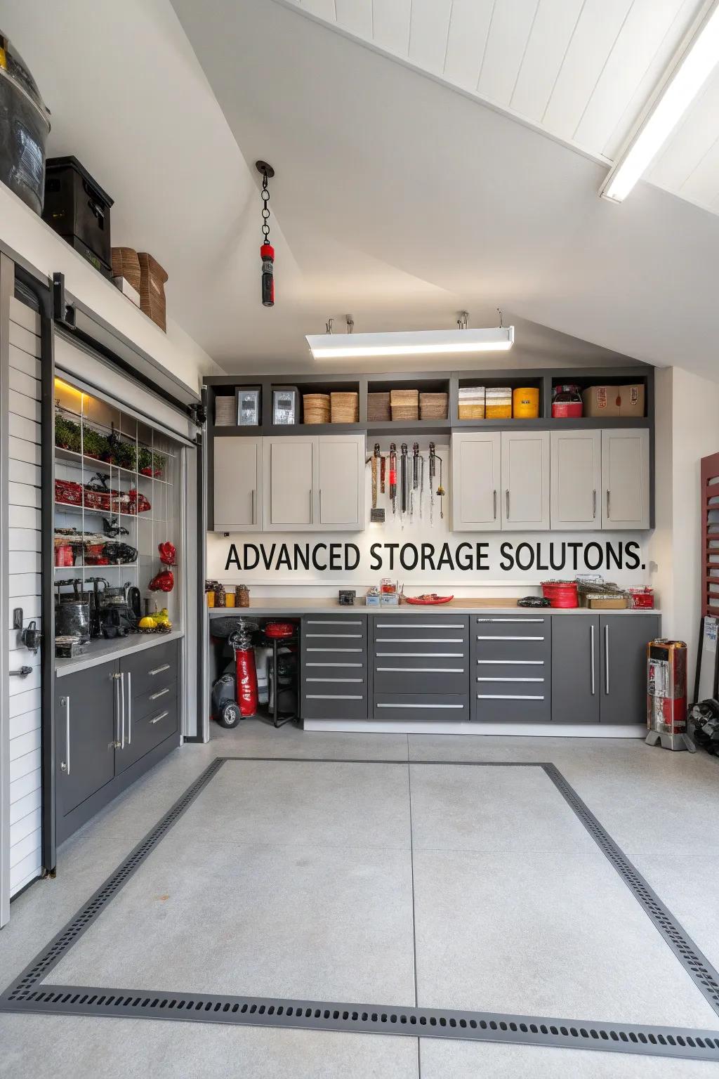 A garage revolutionized with clever storage solutions, promoting ultimate organization.