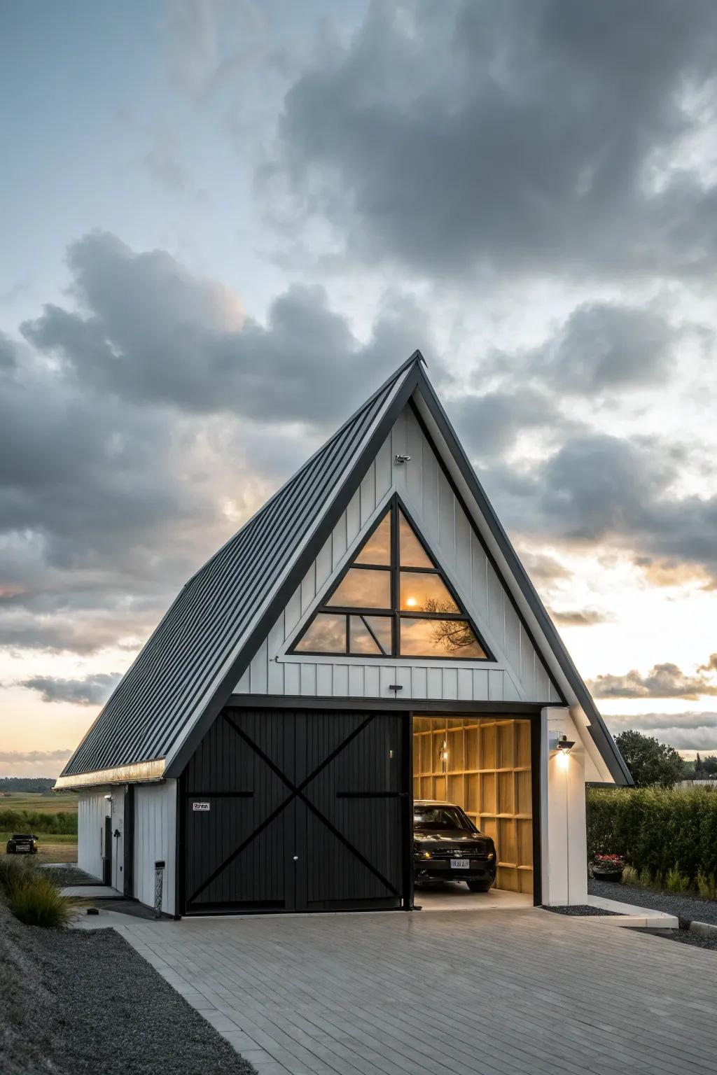 A garage with a captivating A-frame roofline that draws attention.