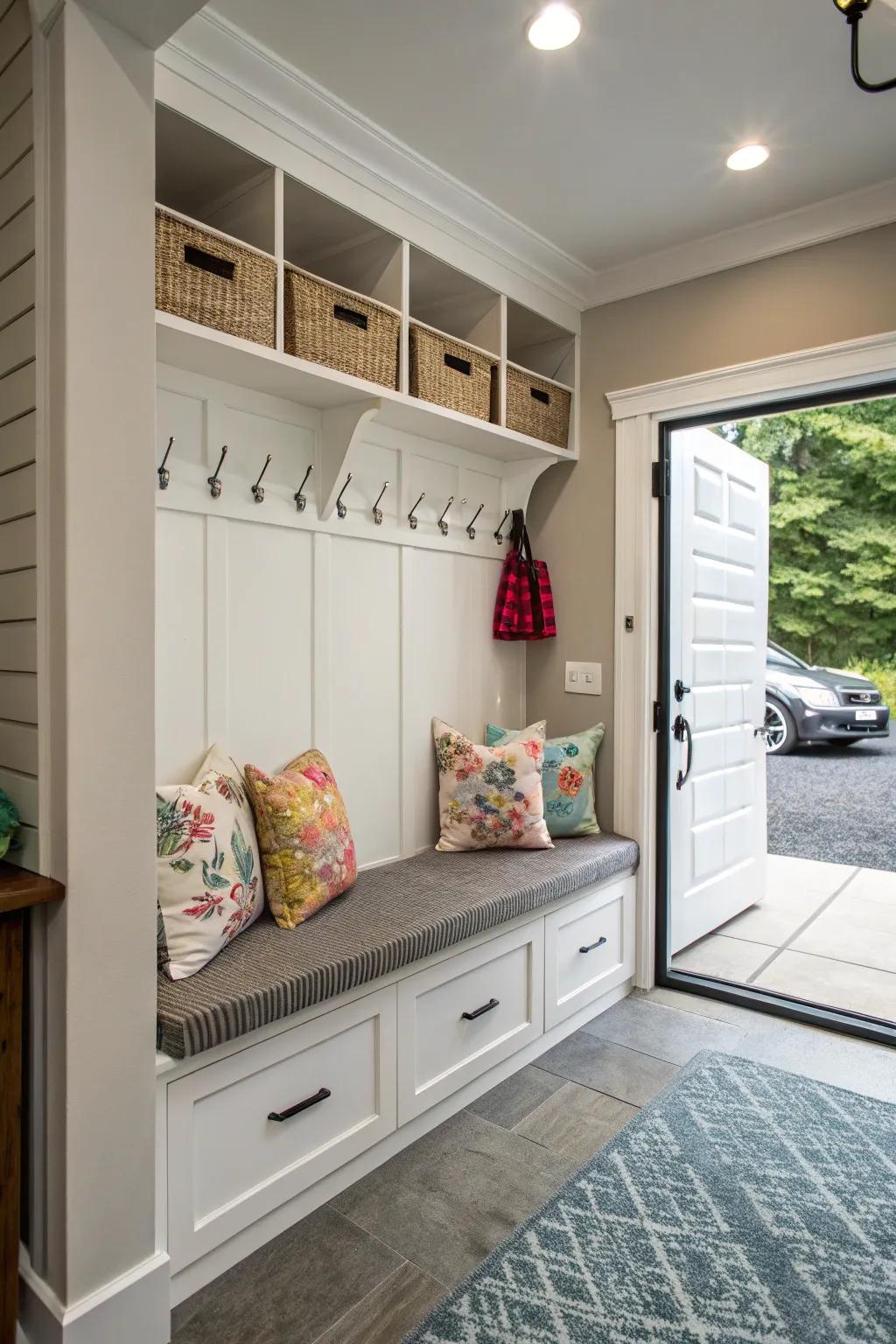 Comfortable seating transforms the mudroom into an inviting location to commence and conclude your day.