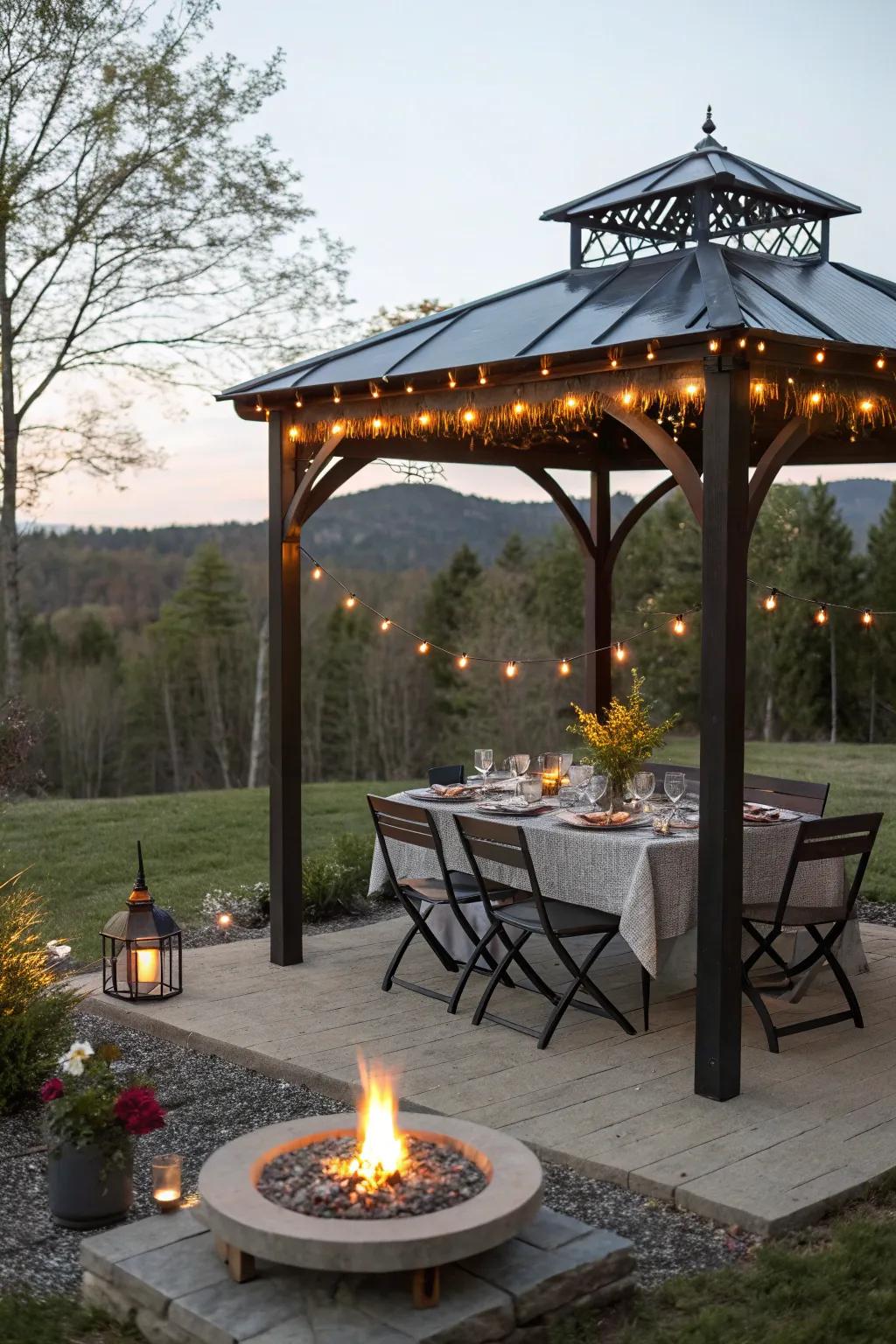 Enjoy dining al fresco with a charming gazebo setup.