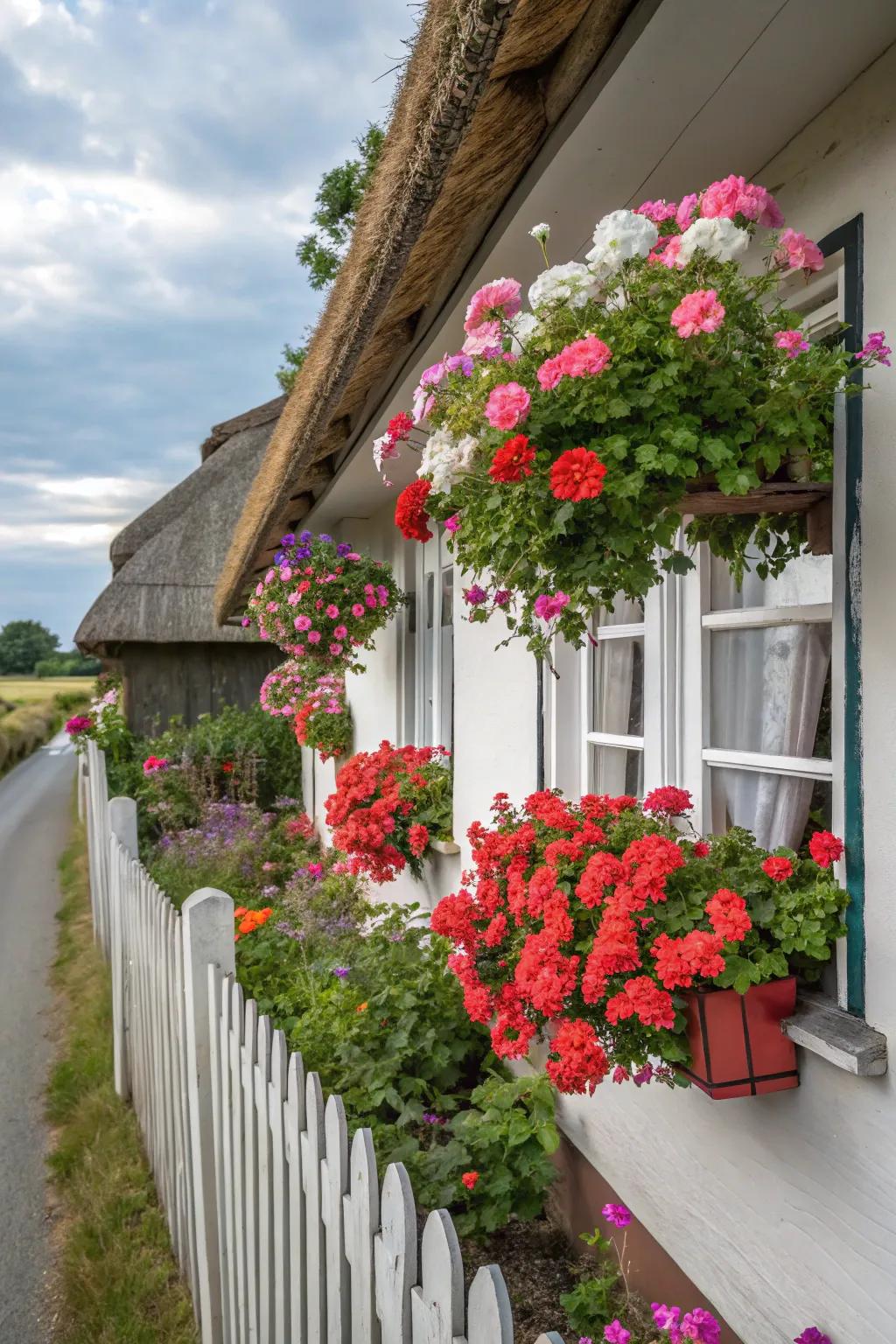Bright geraniums in window blooms add charm and color to a quaint cottage exterior.