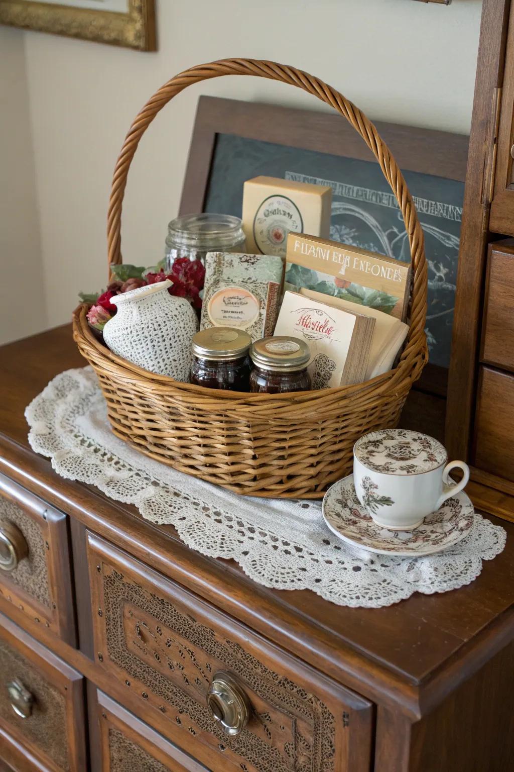 A classic-themed gift basket with nostalgic elements.