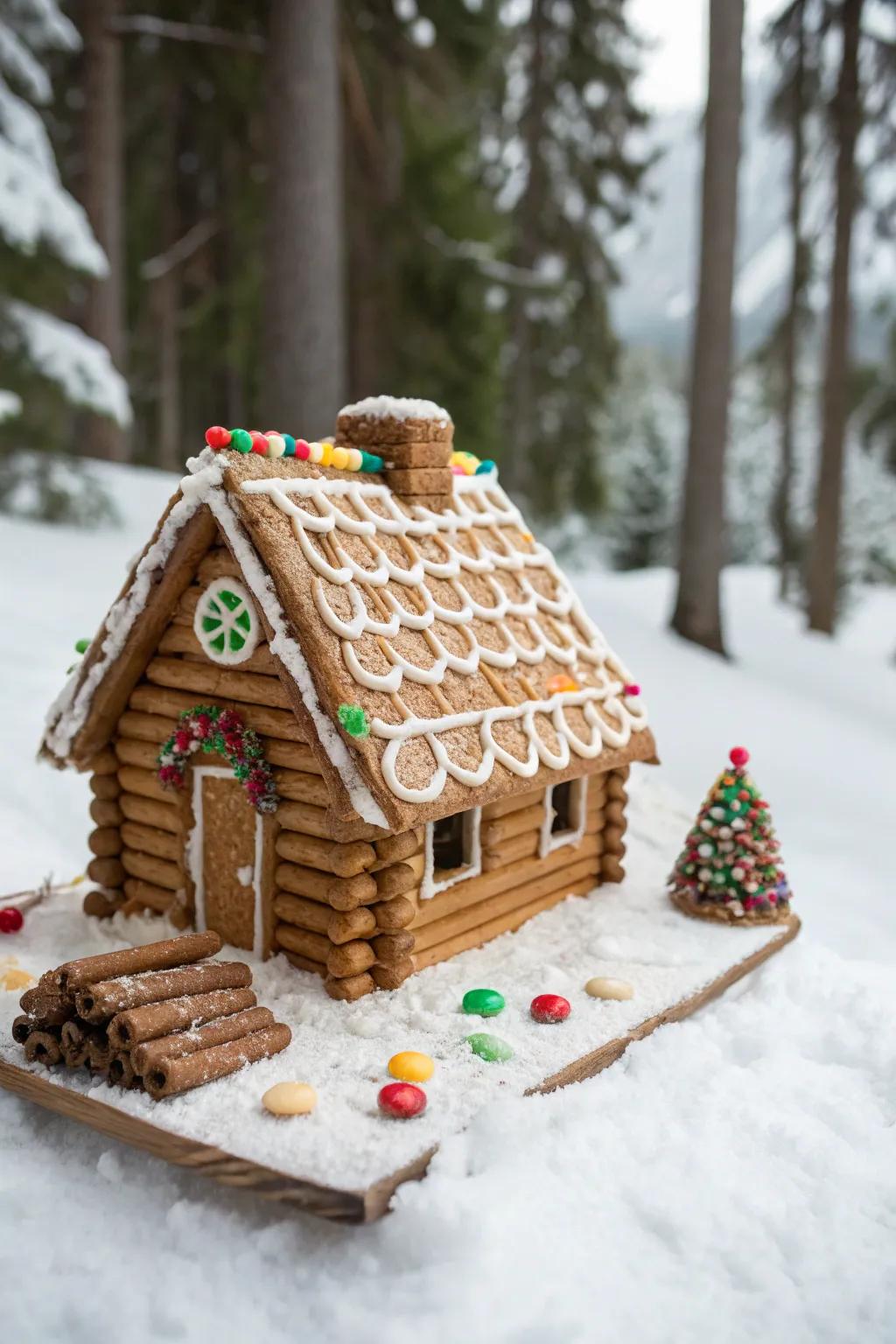Pretzel sticks create a rustic log cabin aesthetic for gingerbread roofs.