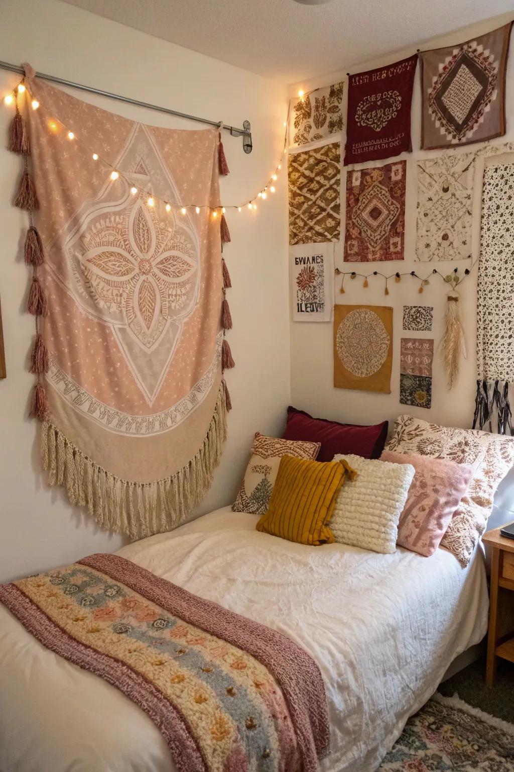 Tiered textiles add warmth and texture to the room.