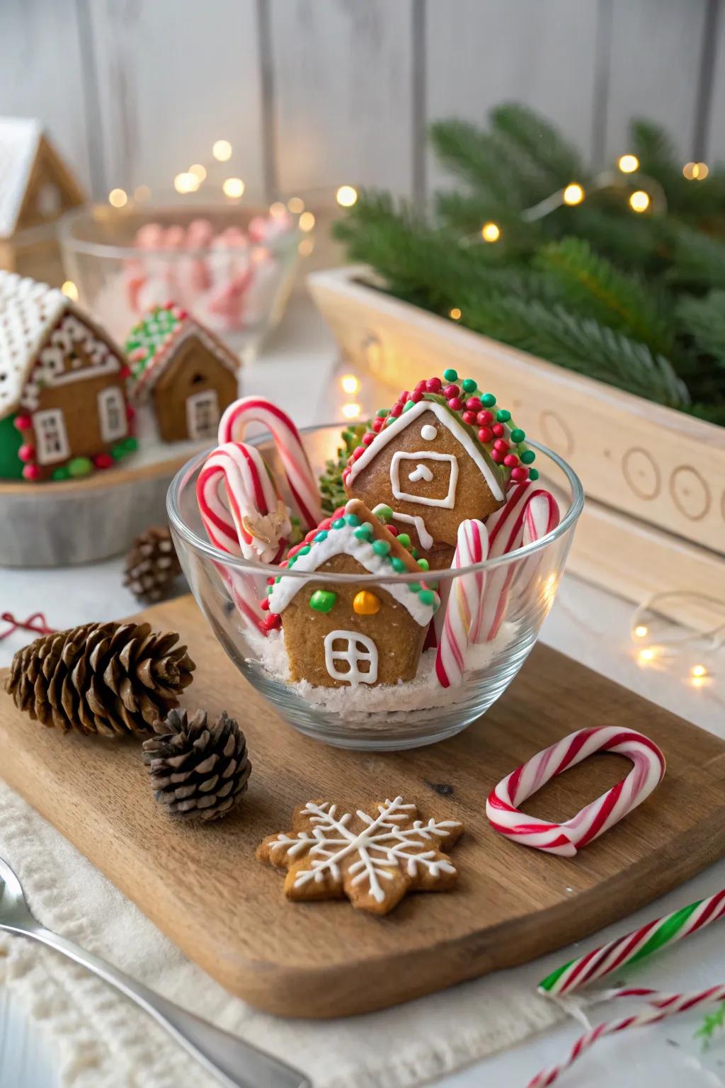 Gingerbread enchantment through sugary treats inside a crystal vessel.