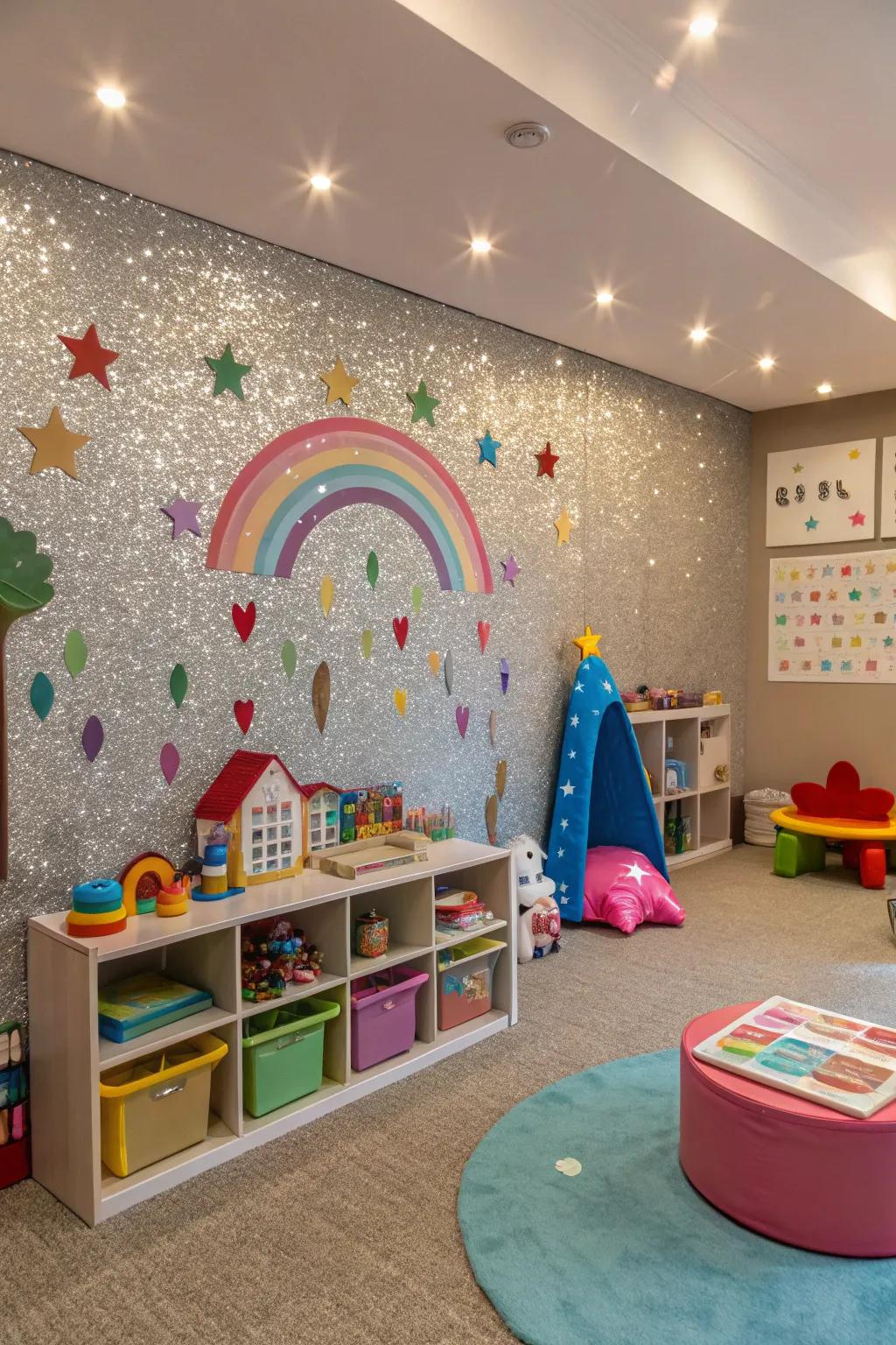 A glitter accent wall infuses merriment into a children’s playroom.